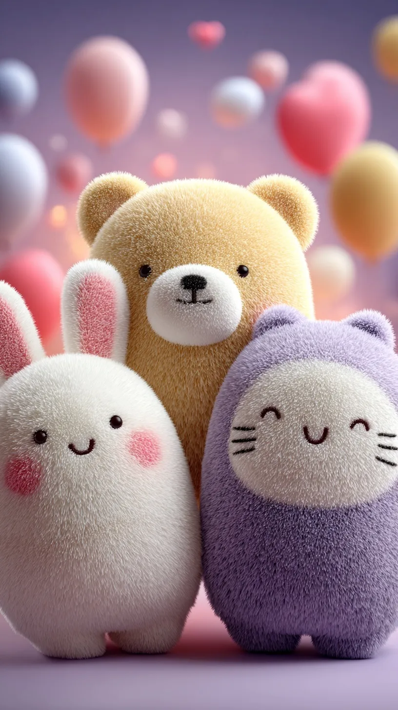 Kawaii 3D plush rabbit, bear, and cat heads with hearts and balloons on a pink-and-blue gradient wallpaper.
