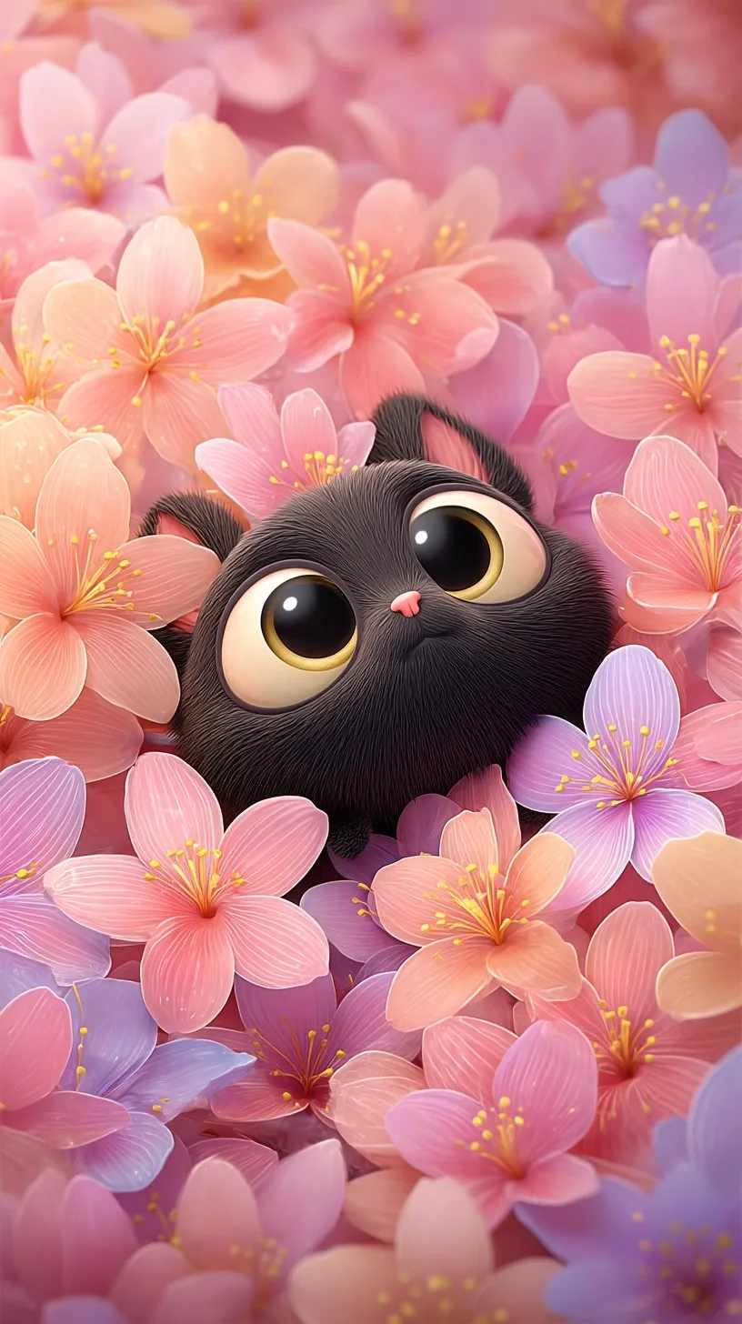 3D cute black cat peeking from pastel cherry blossoms, Pixar-style mobile wallpaper with iridescent glow.
