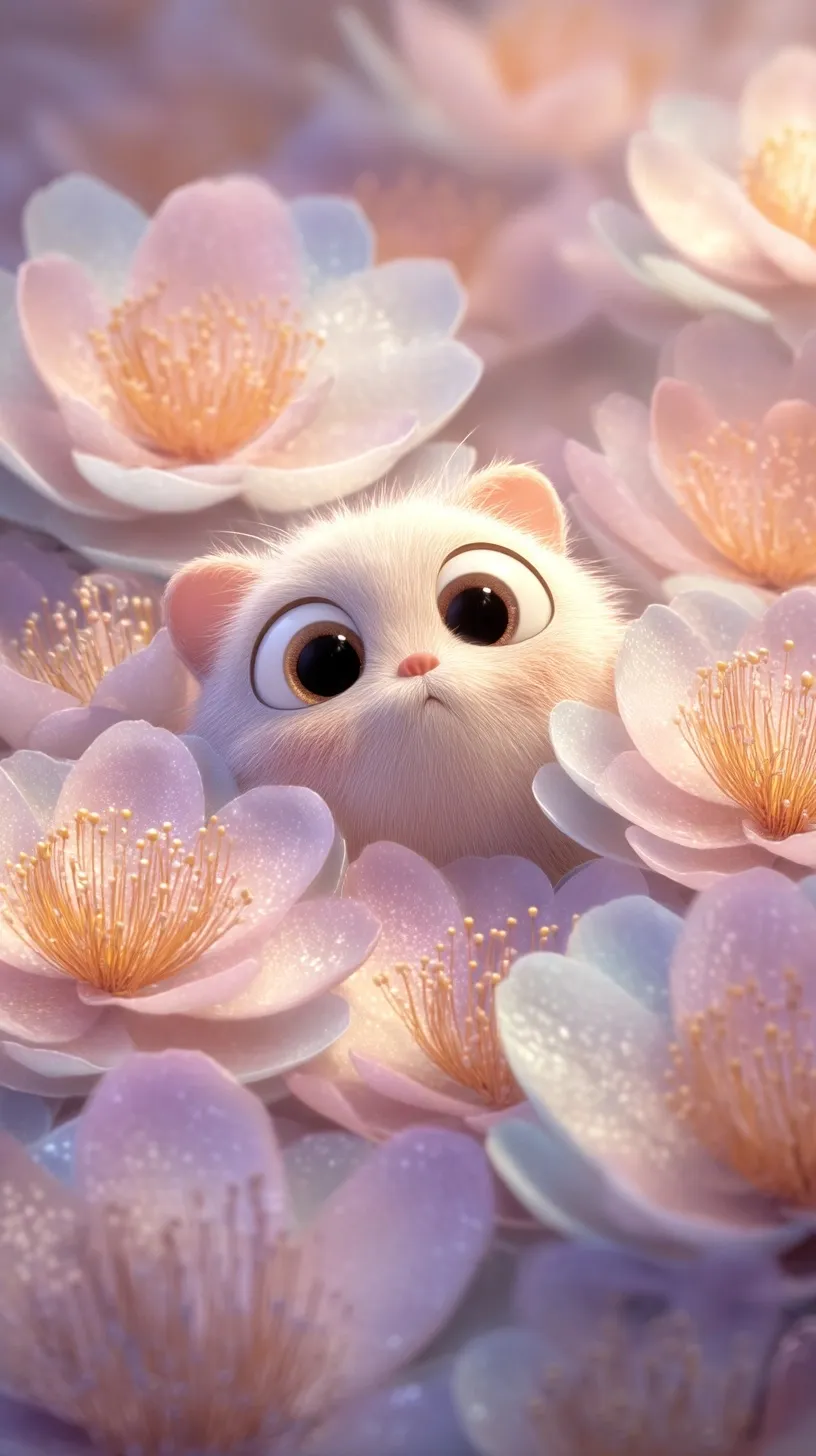 A 3D cute cartoon cat peeking from iridescent pastel tree peonies, styled as high-quality Pixar fantasy art.