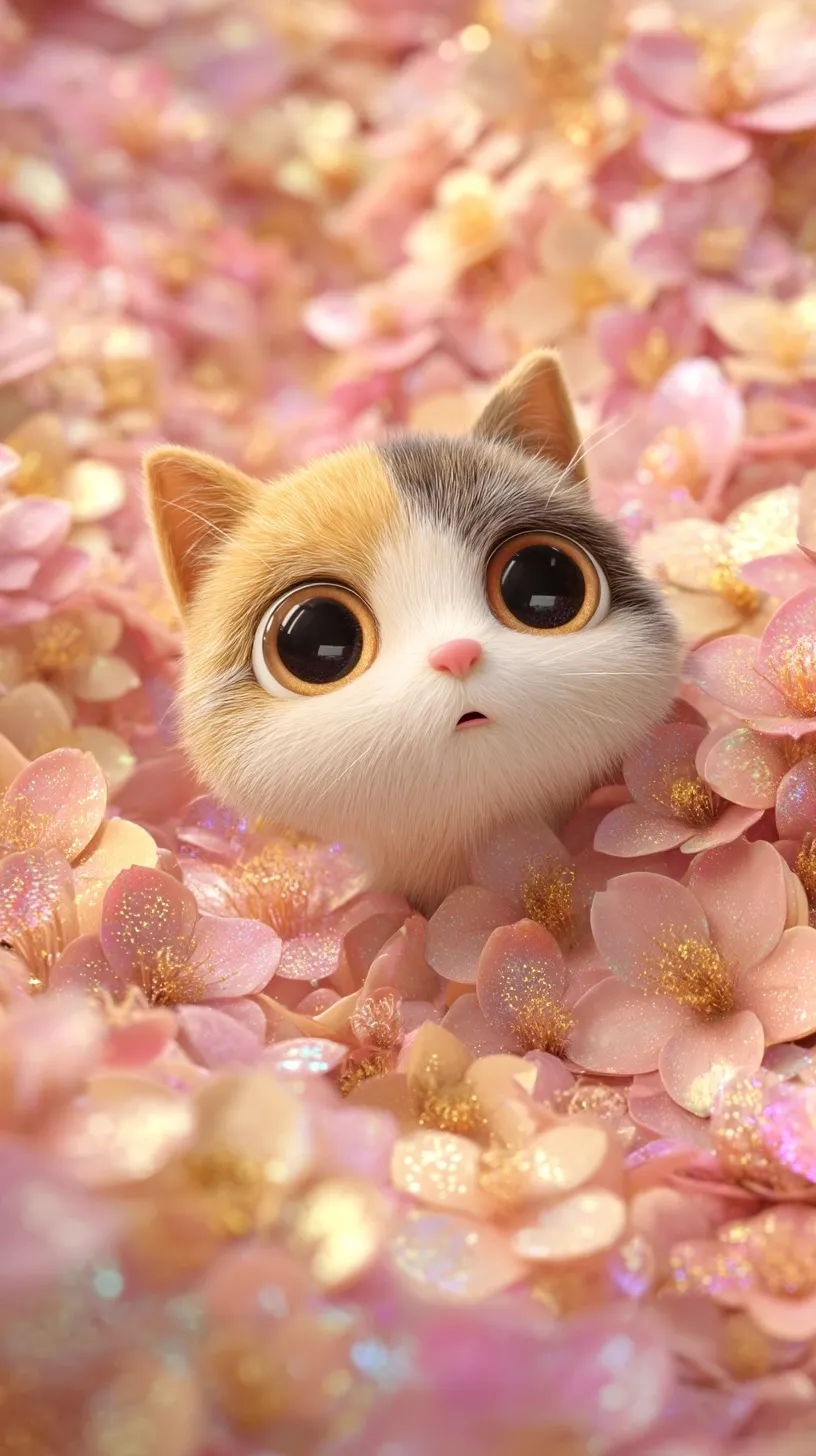 A 3D cute fluffy calico cat popping out of iridescent pink cherry blossoms, Pixar-style mobile wallpaper.