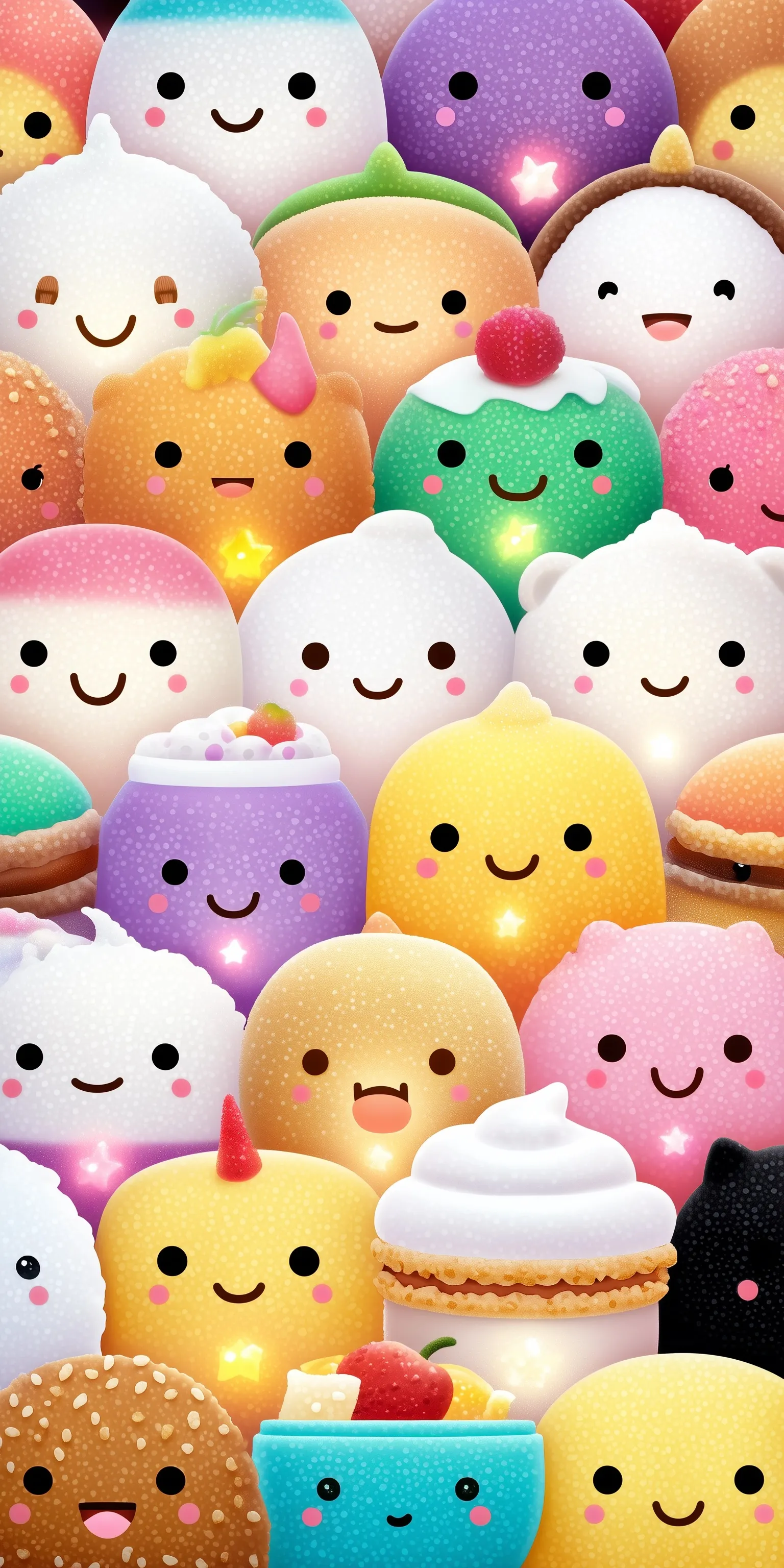 Cute kawaii food characters with expressive faces and pastel colors in a 4K digital wallpaper for mobile.