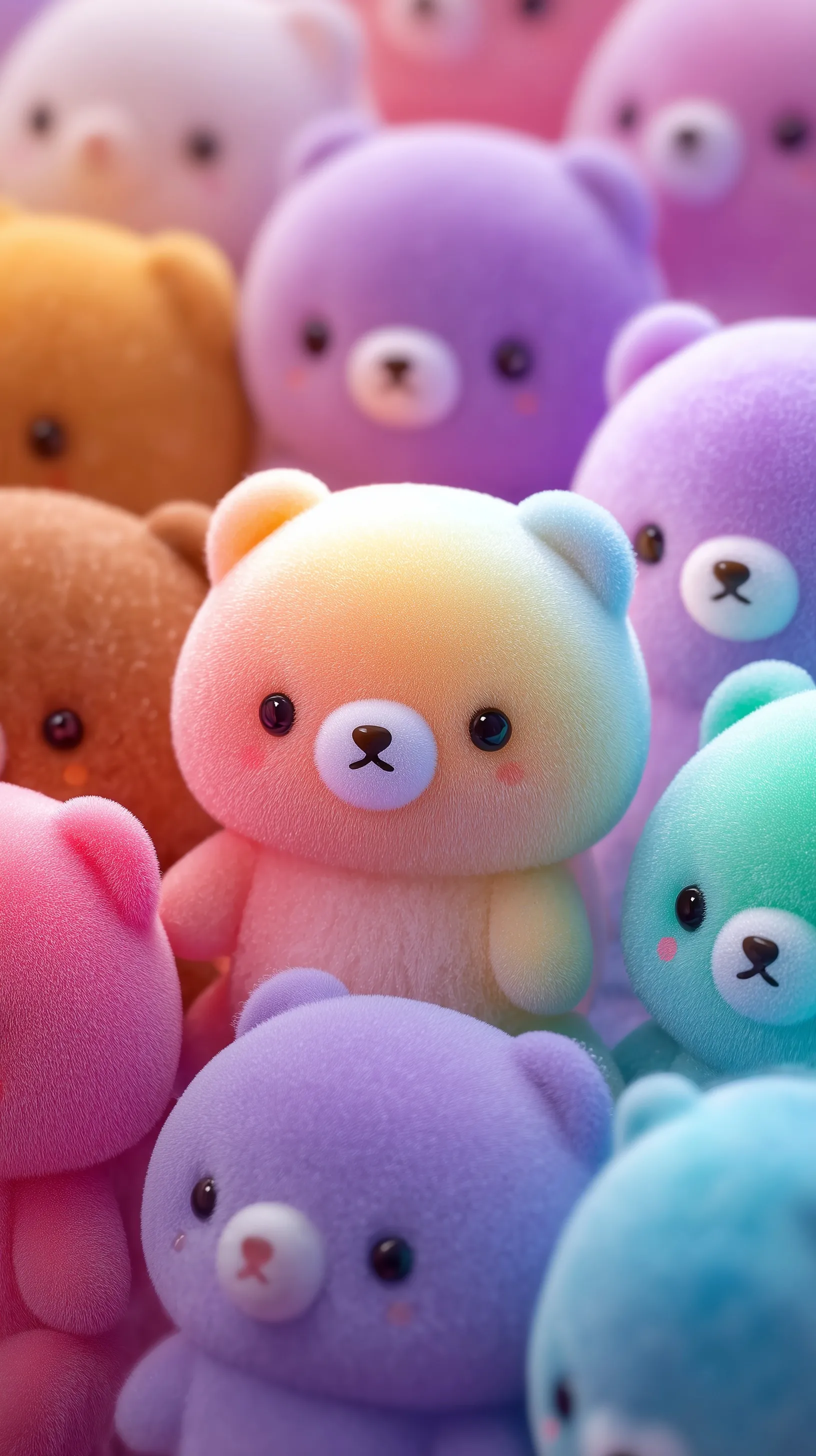 A group of colorful kawaii plush teddy bears in rainbow shades looking at the camera, aesthetic mobile wallpaper.