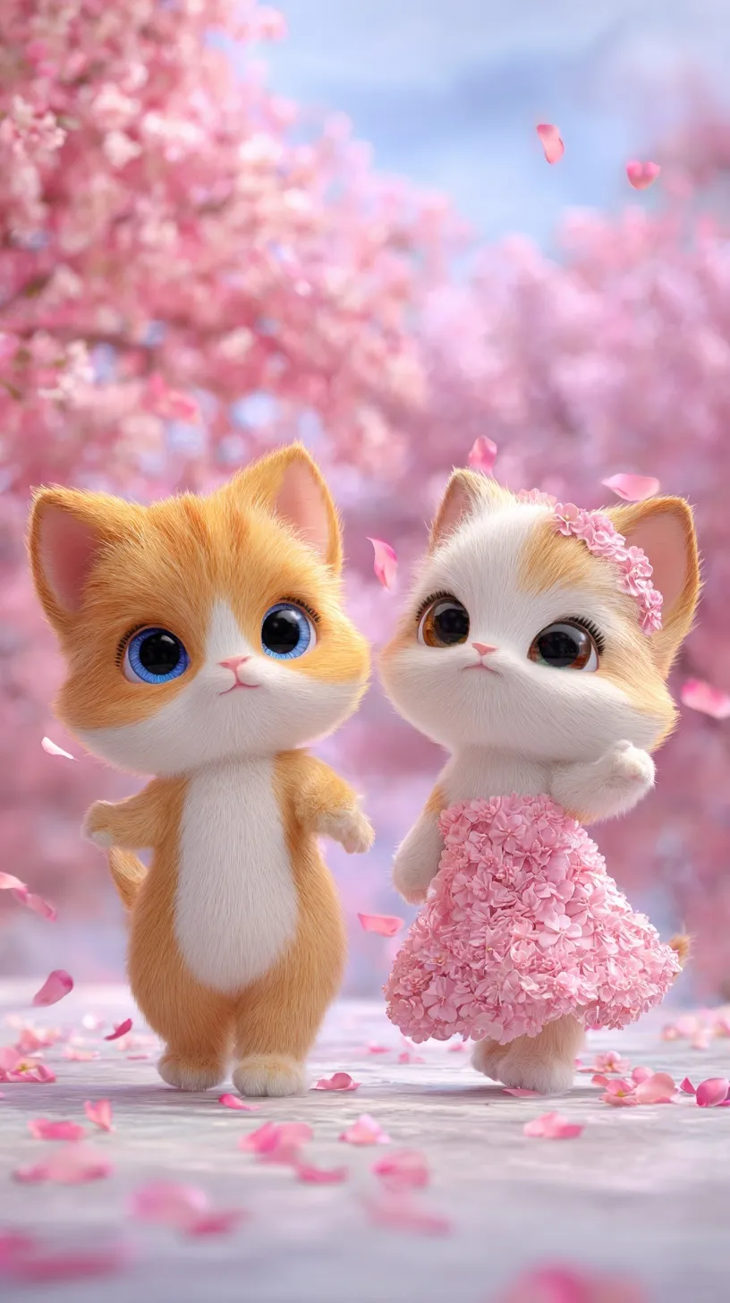 Two cute 3D cartoon kittens with blue eyes in a pink floral garden, petals falling, vibrant mobile wallpaper.