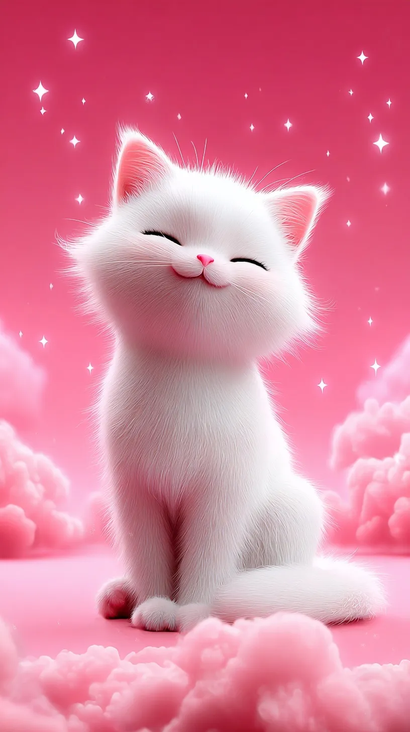 A cute white kitten sitting on pink clouds with glowing stars, digital illustration in a dreamy cartoon style.