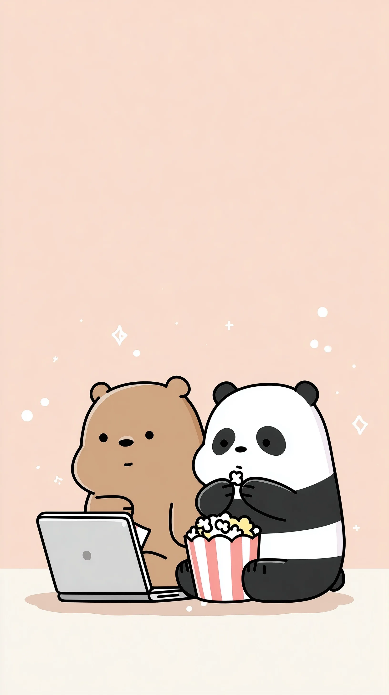 Cute kawaii bear and panda watching a movie on a laptop with popcorn, minimalist cartoon style on white background.