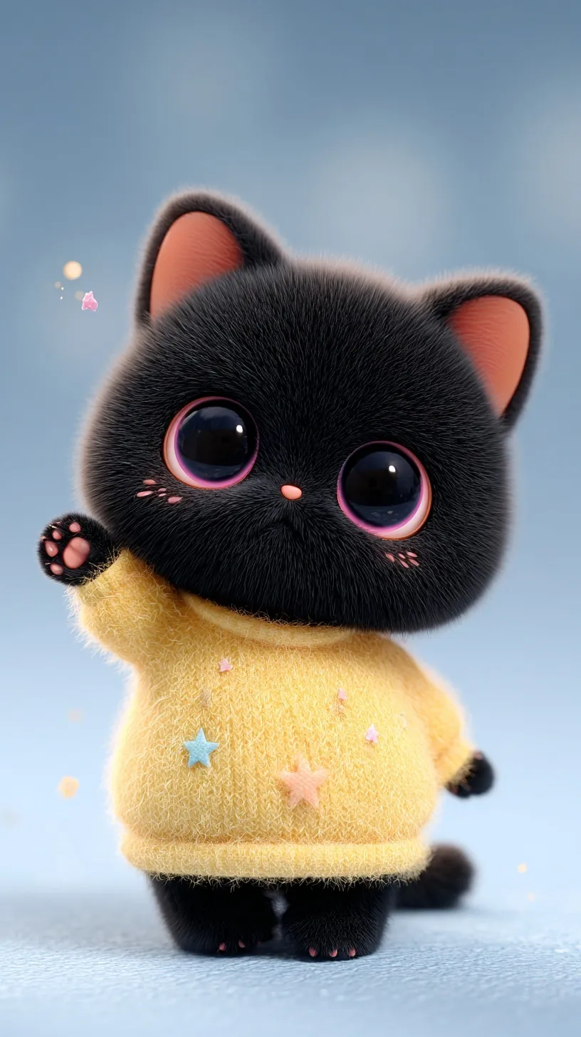 3D Pop Mart style cute black cat with big eyes in a yellow star sweater, sitting on a soft blue pastel background.