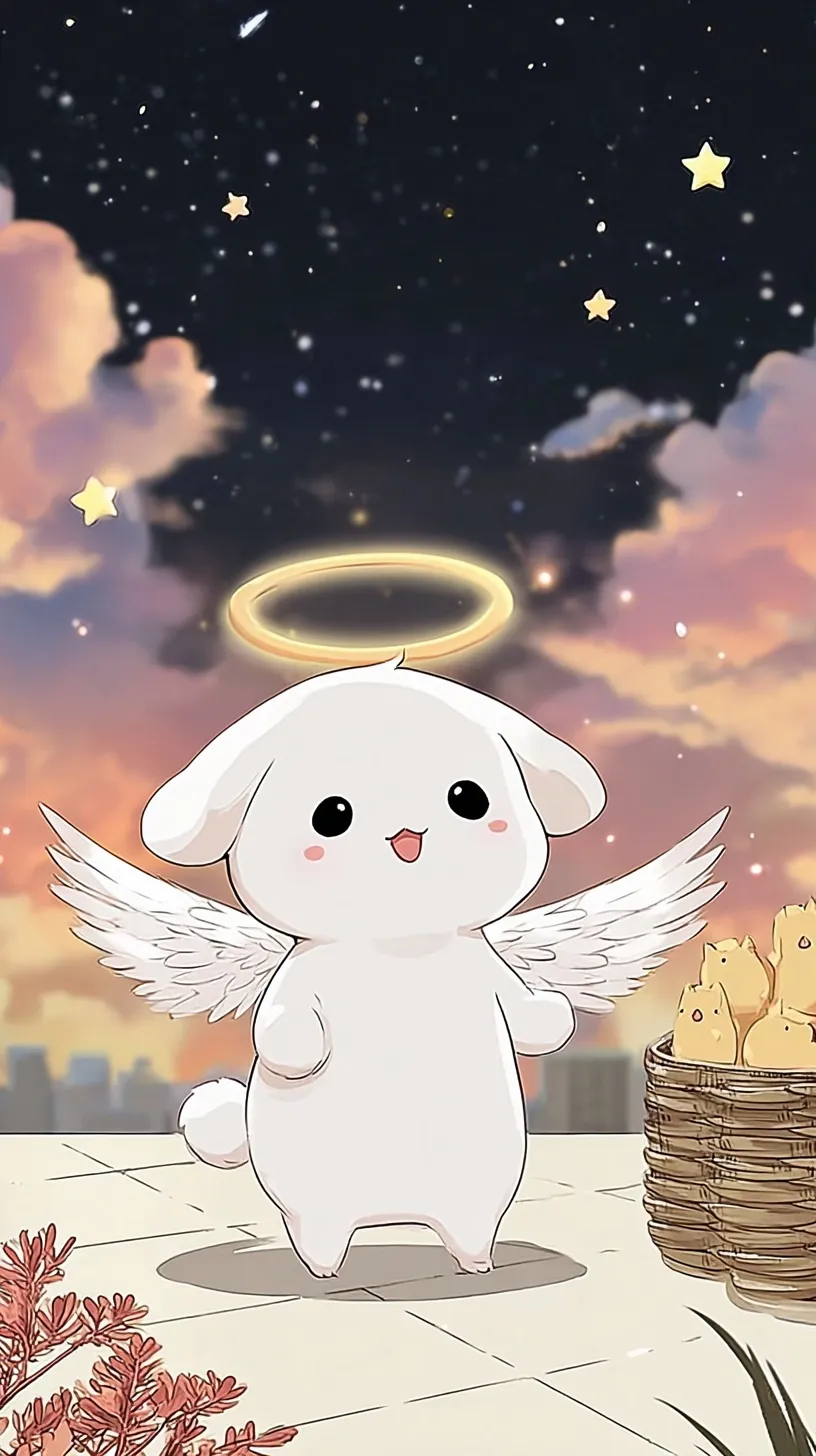 A cute angel character illustration designed as a whimsical and girly mobile wallpaper for iPhone 17 Pro Max.