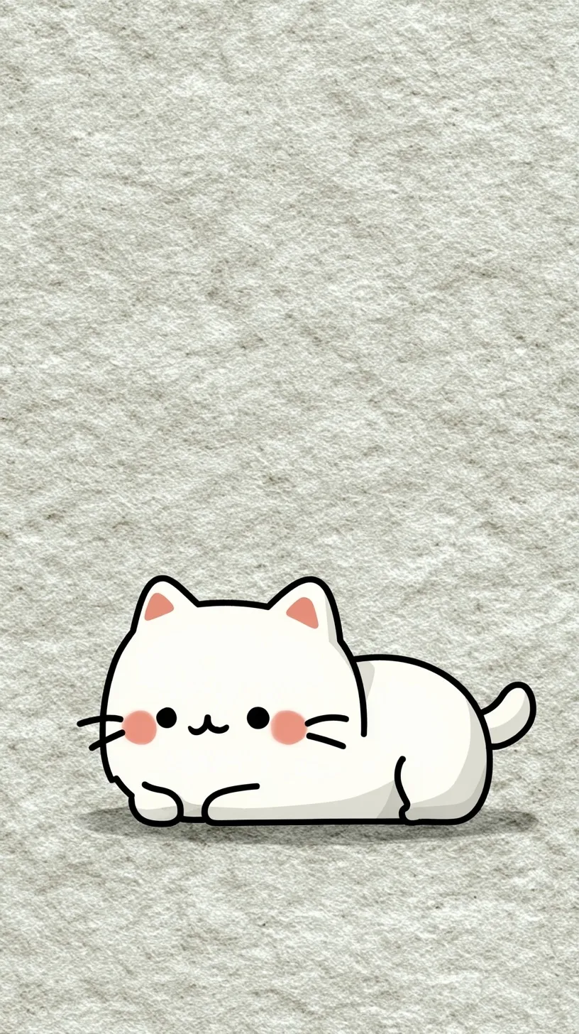 A cute fat cartoon cat illustration on a grainy white matte paper background with copy space for mobile wallpaper.