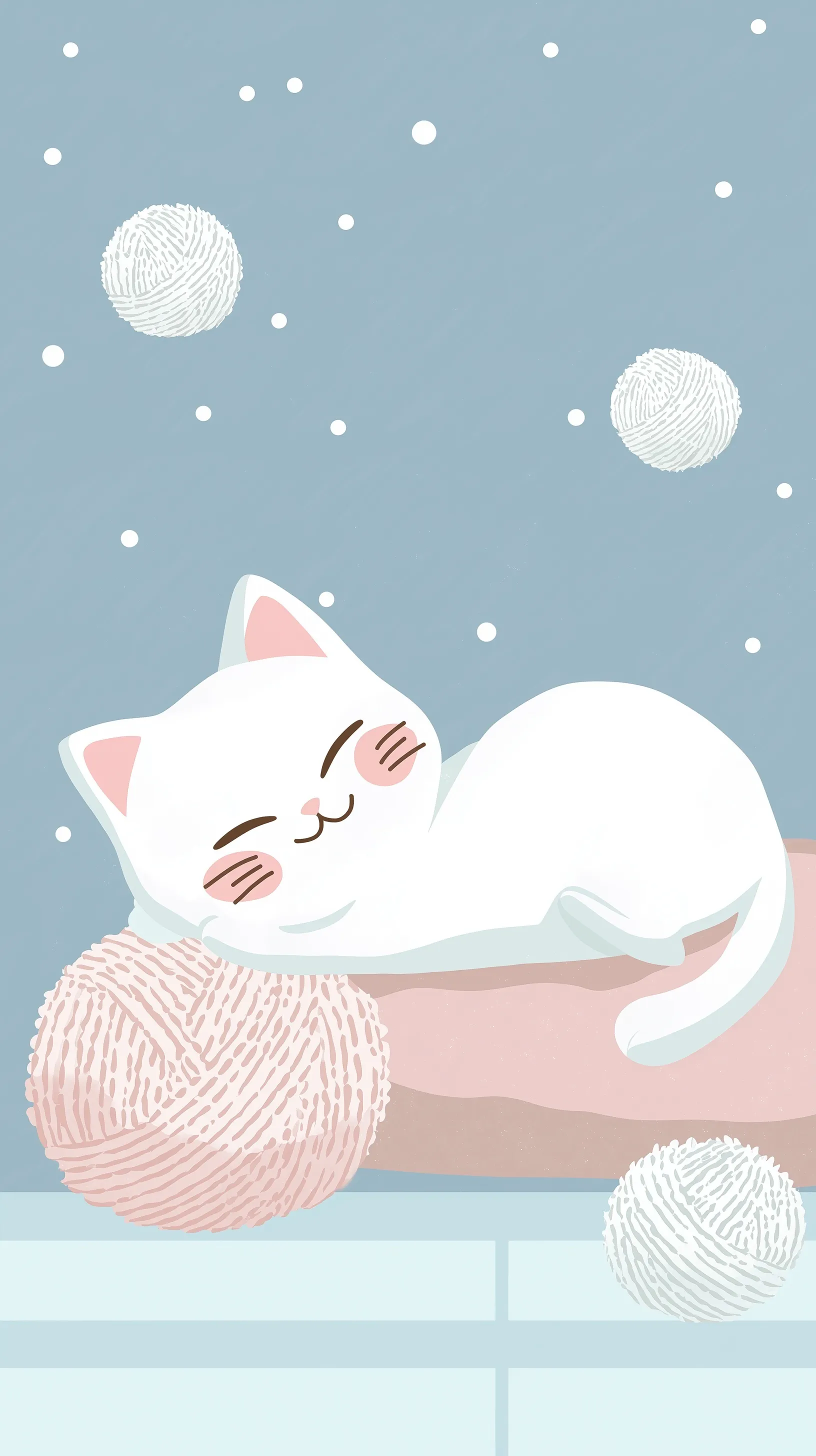A cute white cat lying on a pink mat with yarn balls, flat aesthetic design for mobile wallpaper.