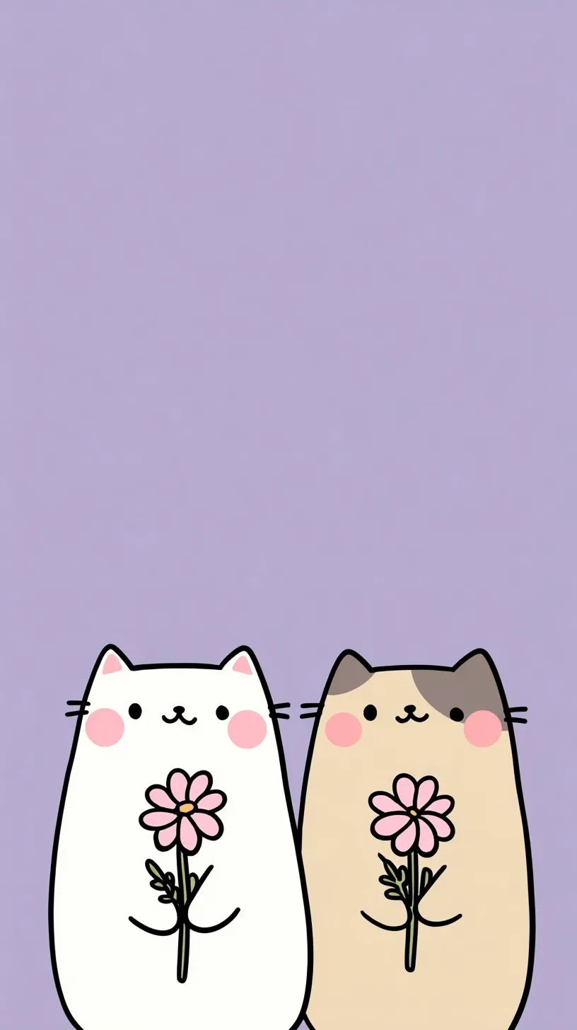 Two cute cartoon cats with large heads holding pink daisies against a lavender background, whimsical mobile art.