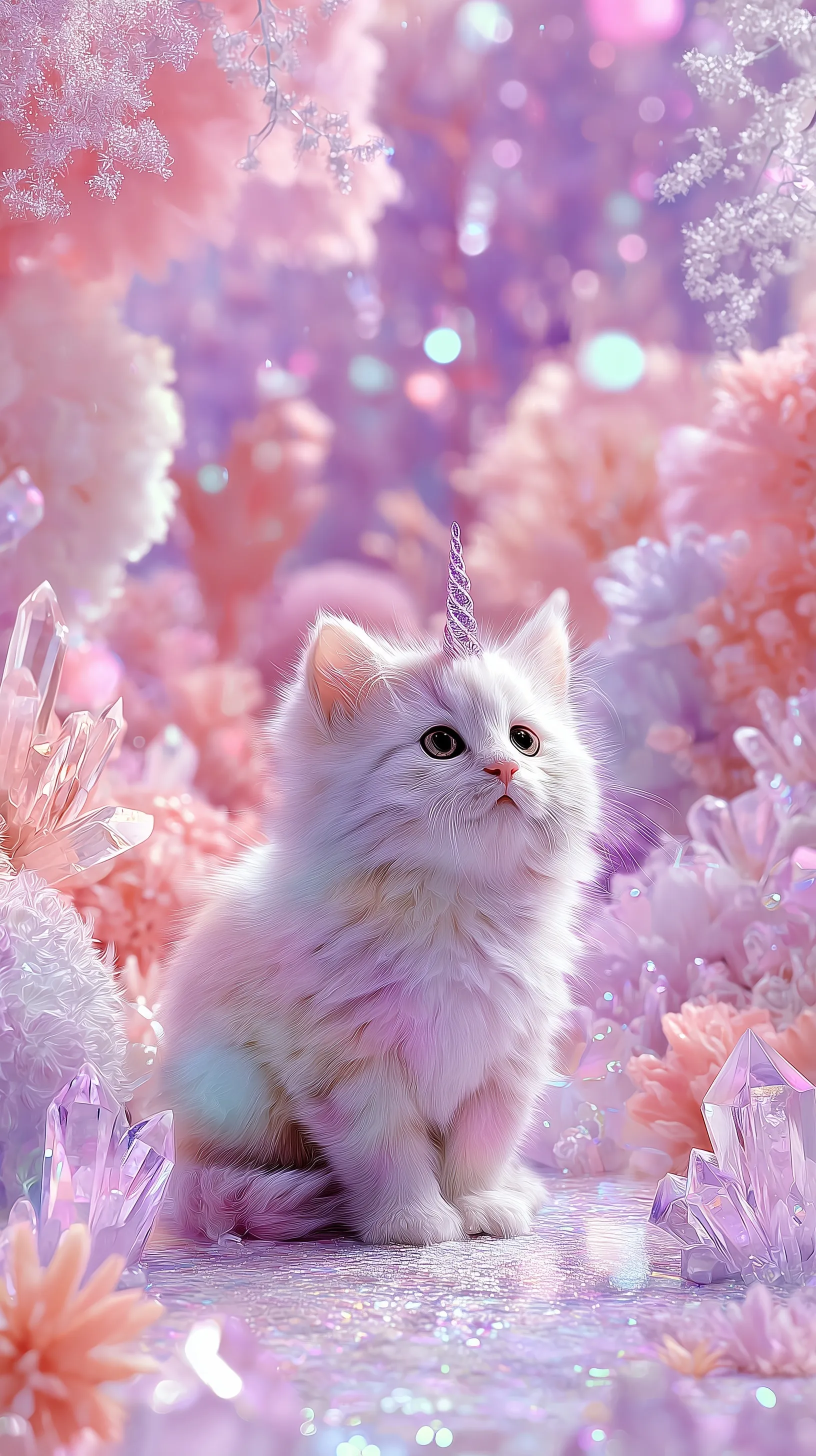 A cute fluffy kitten with a magical unicorn horn in a dreamy, enchanted fantasy world with glowing pastel flowers.
