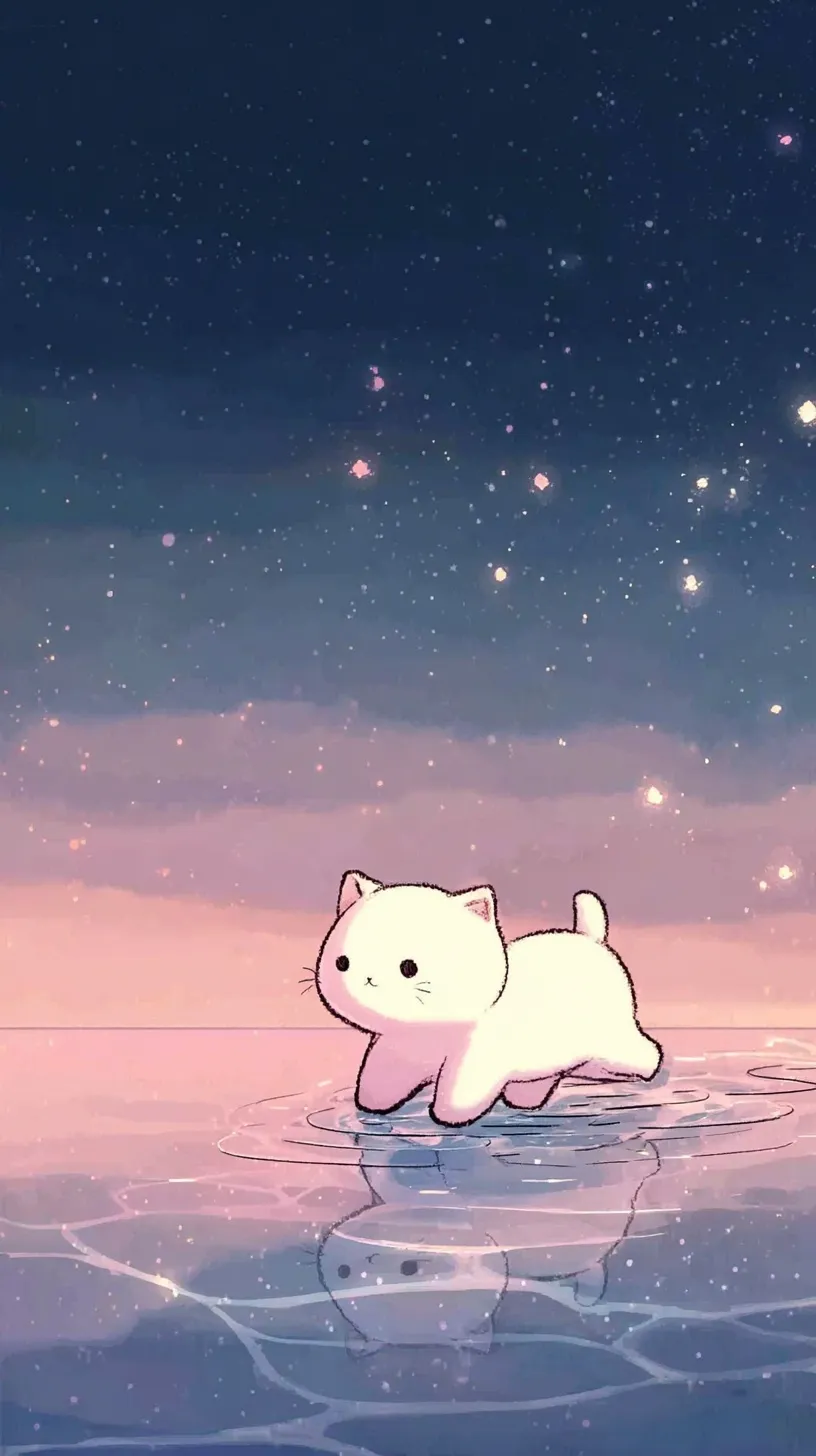 A cute 2D kitten walking on water under a dreamy night sky in soft pastel colors for mobile wallpaper.
