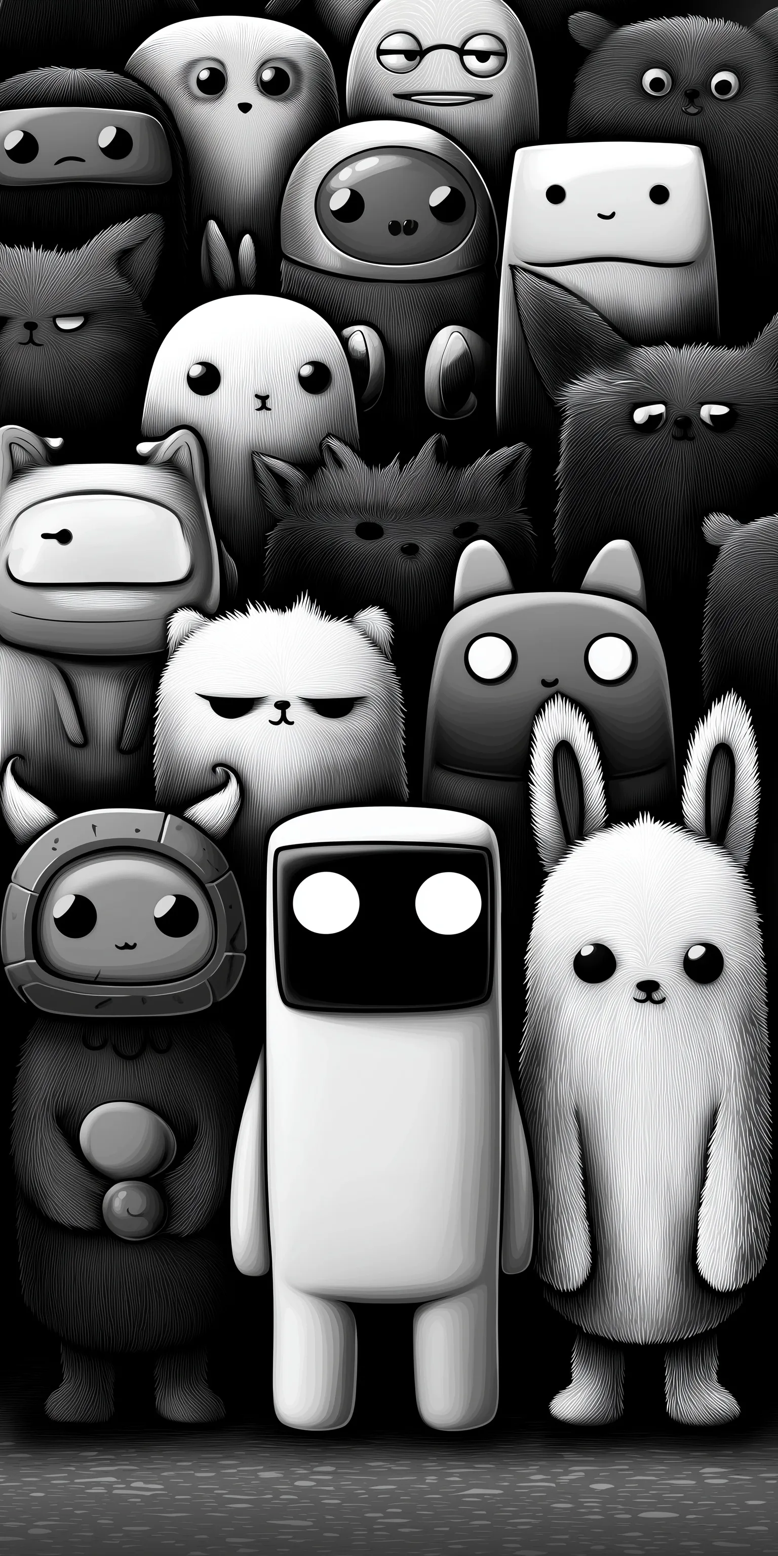 Cute doodle line art with capsule toy characters for coloring practice, isolated on white background.