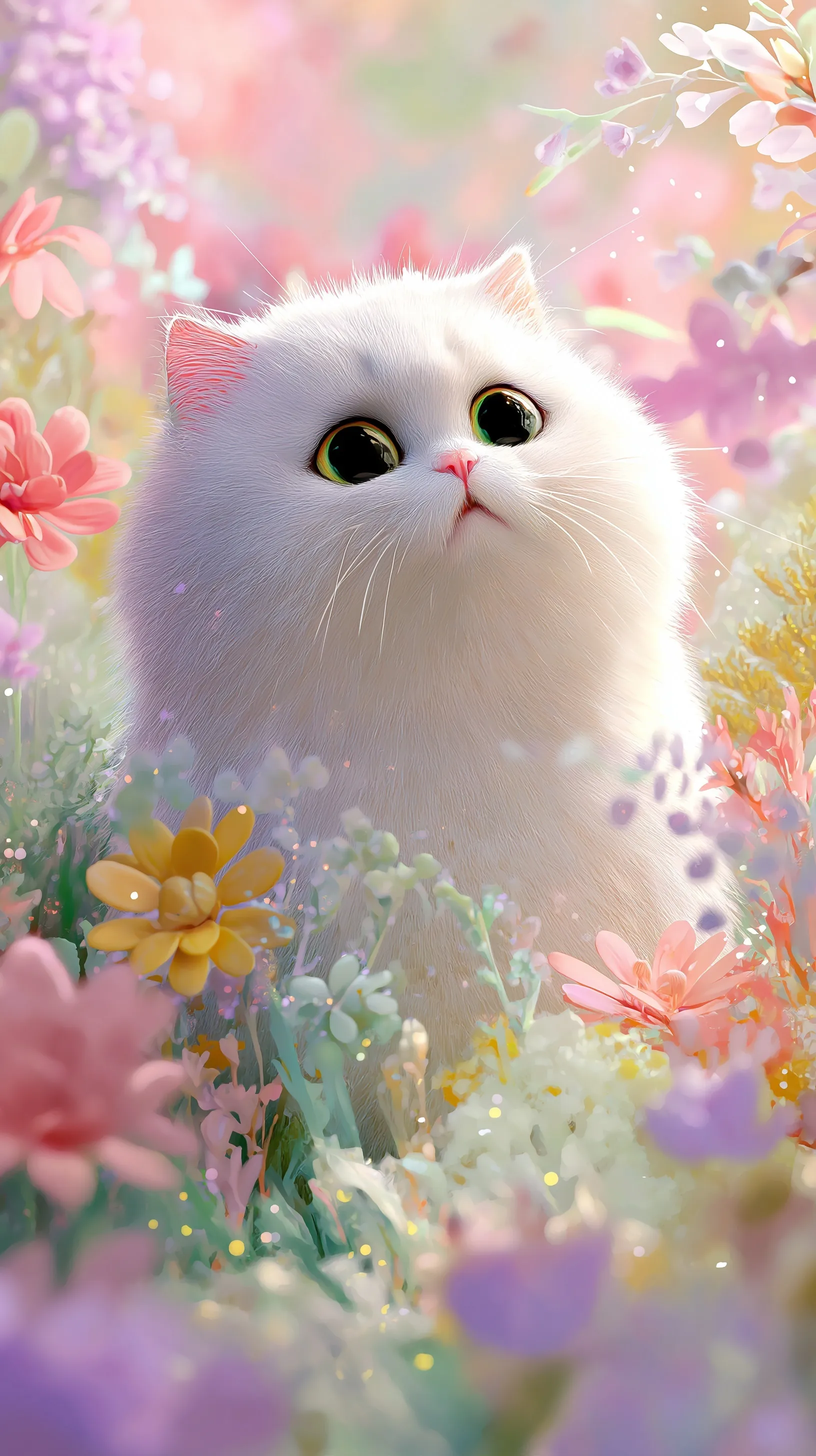 A cute, fluffy Persian cat in a pastel flower garden, kawaii cartoon style mobile wallpaper with soft lighting.
