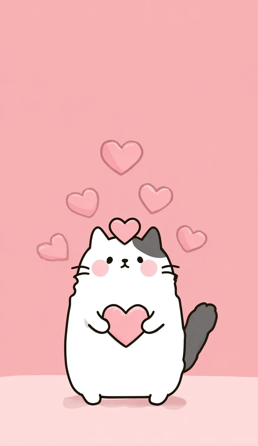 A cute vector kitten character with pink hearts playing in a flat, minimalist cartoon style on a pink background.