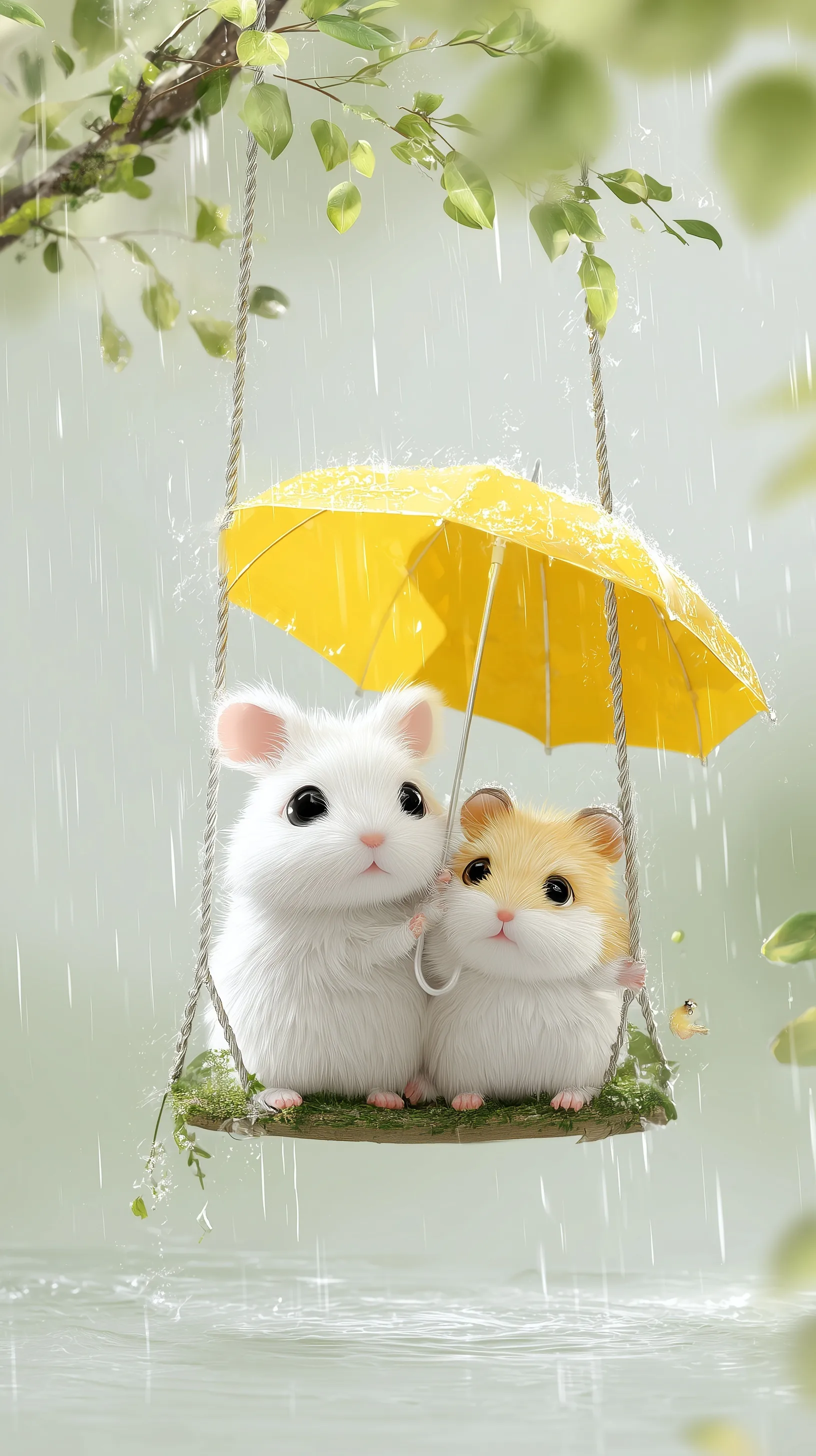 A cute white rabbit and hamster share a yellow umbrella on a swing in the rain, cinematic wallpaper style.