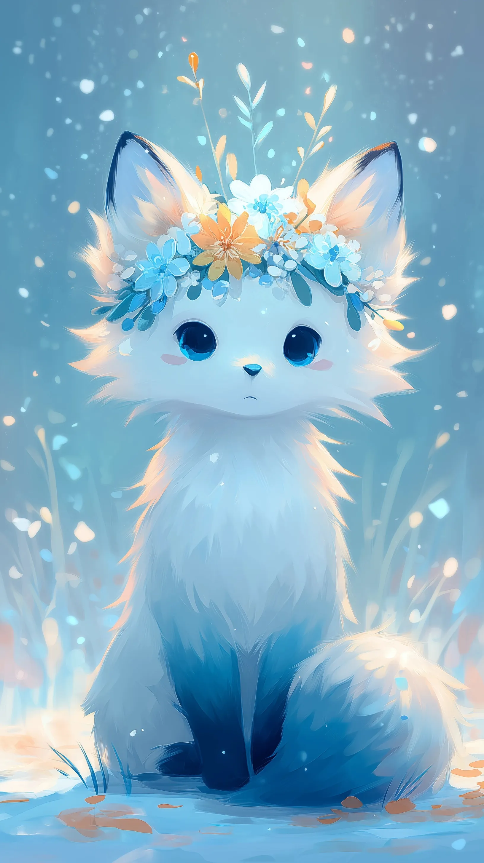 Cute cartoon arctic fox with blue highlights and a flower crown in a beautiful spring landscape mobile wallpaper.