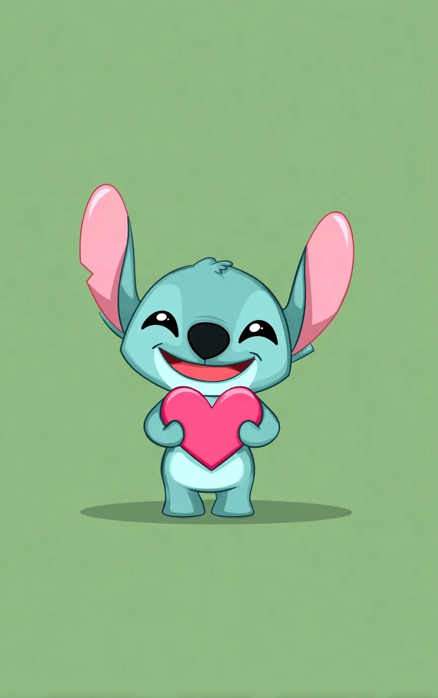 Cute pastel blue chibi Stitch holding a pink heart on a green background, perfect for mobile wallpaper.