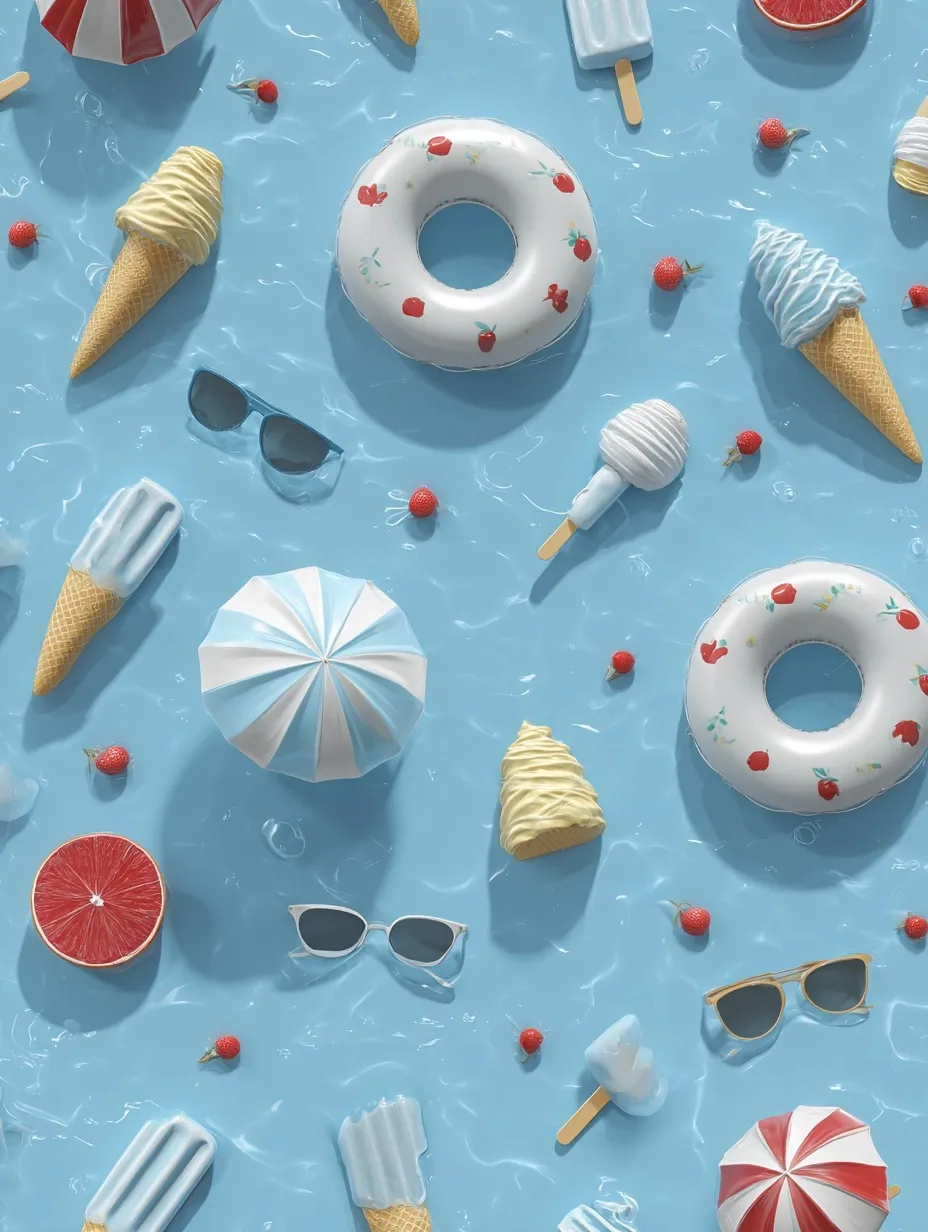 Dopamine-style summer mobile wallpaper featuring cute cartoon stickers like ice cream, sunglasses, and beach items.