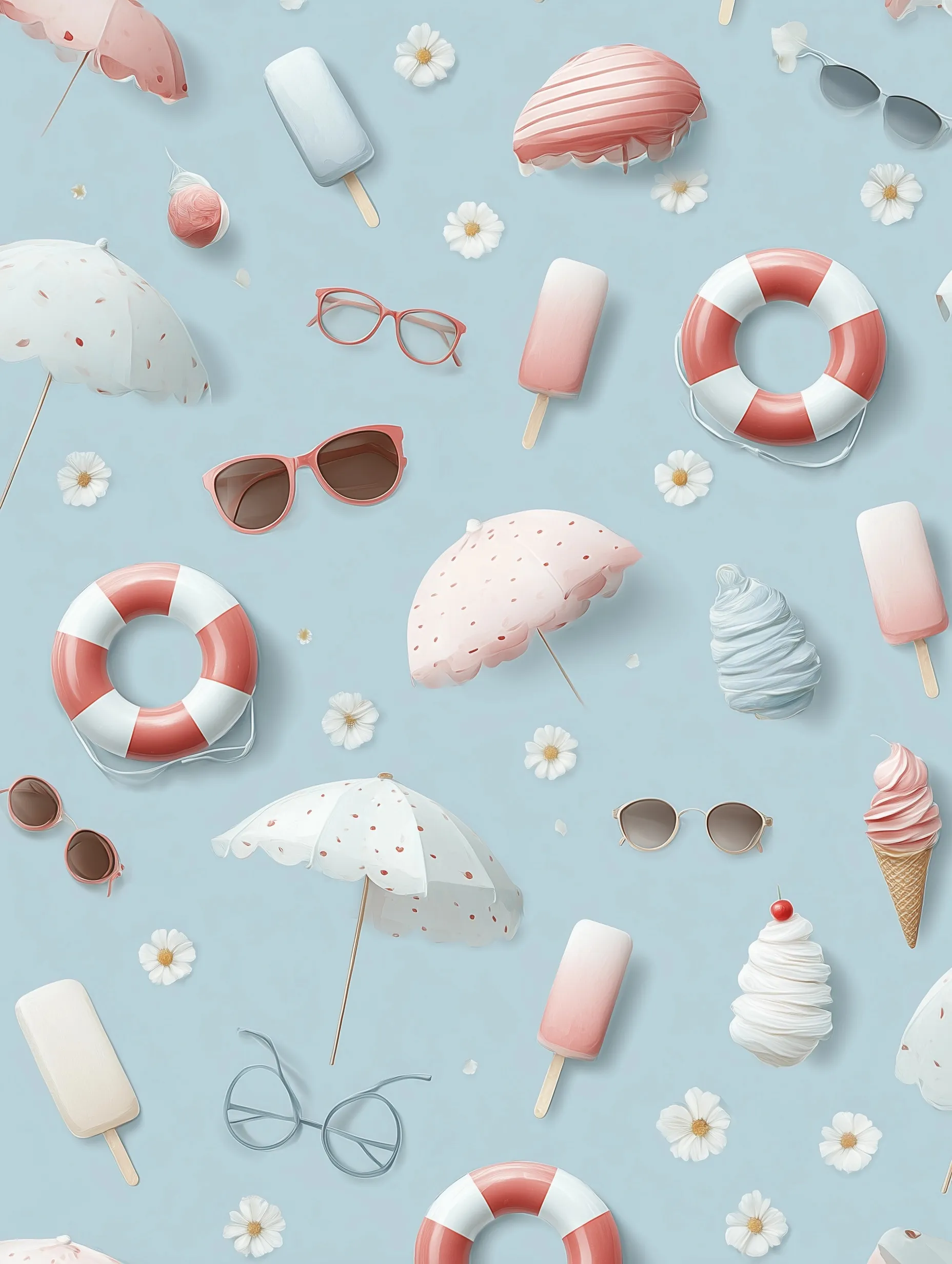 Dopamine-style summer mobile wallpaper featuring cute cartoon stickers like ice cream, sunglasses, and beach items.