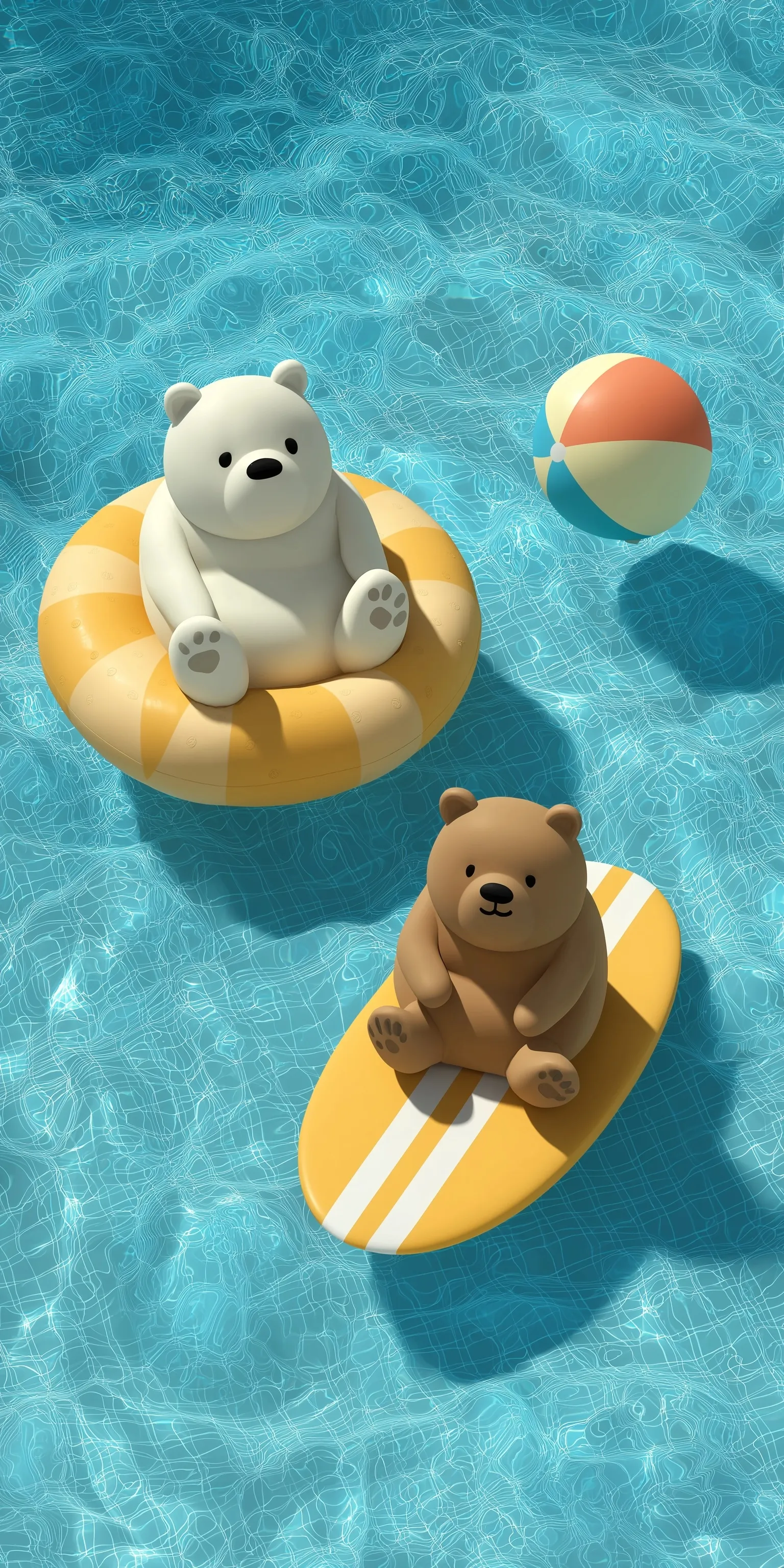 A cute 3D cartoon white bear and brown cat on surfboards playing with a ball in a clear blue swimming pool.