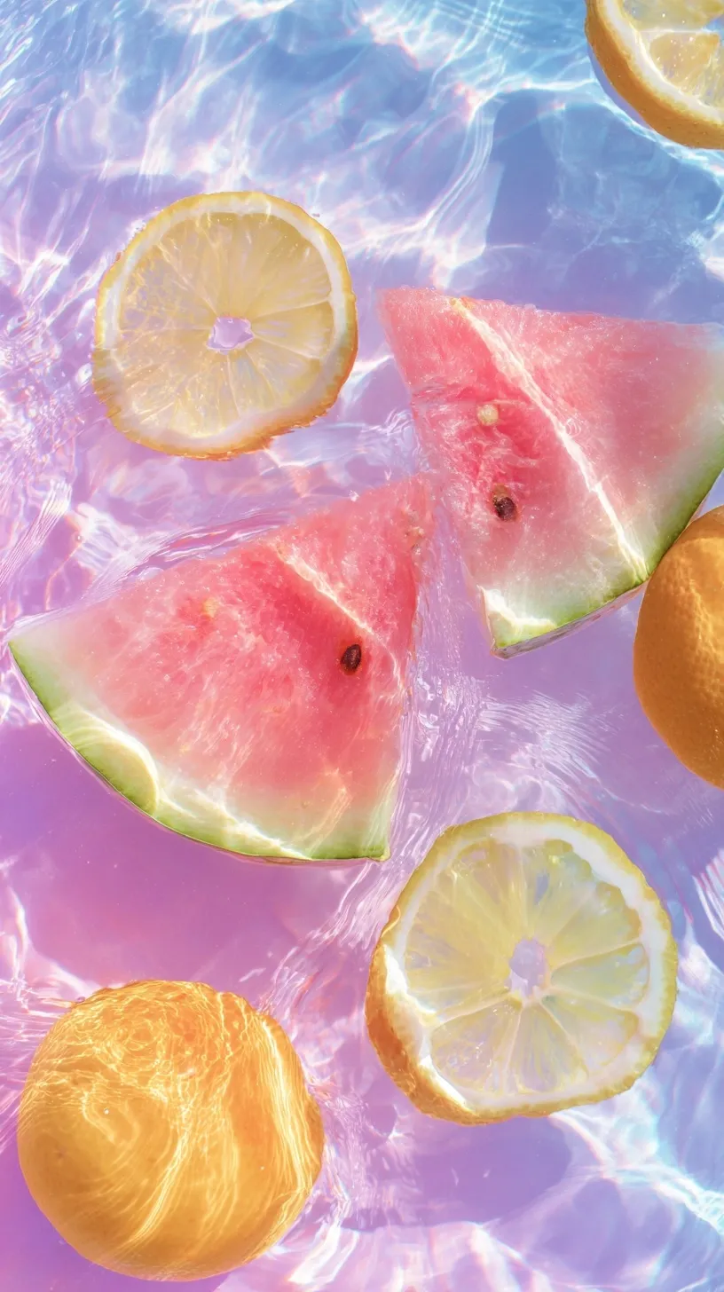 Floating watermelon, lemon, and orange slices in crystal clear water with pastel light and summer ripples.
