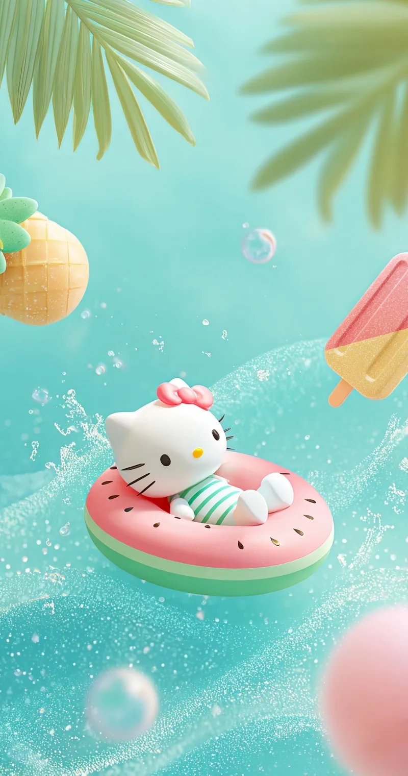 Hello Kitty lying on a watermelon swim ring in a pool, Japanese flat illustration style, 4K summer mobile wallpaper.