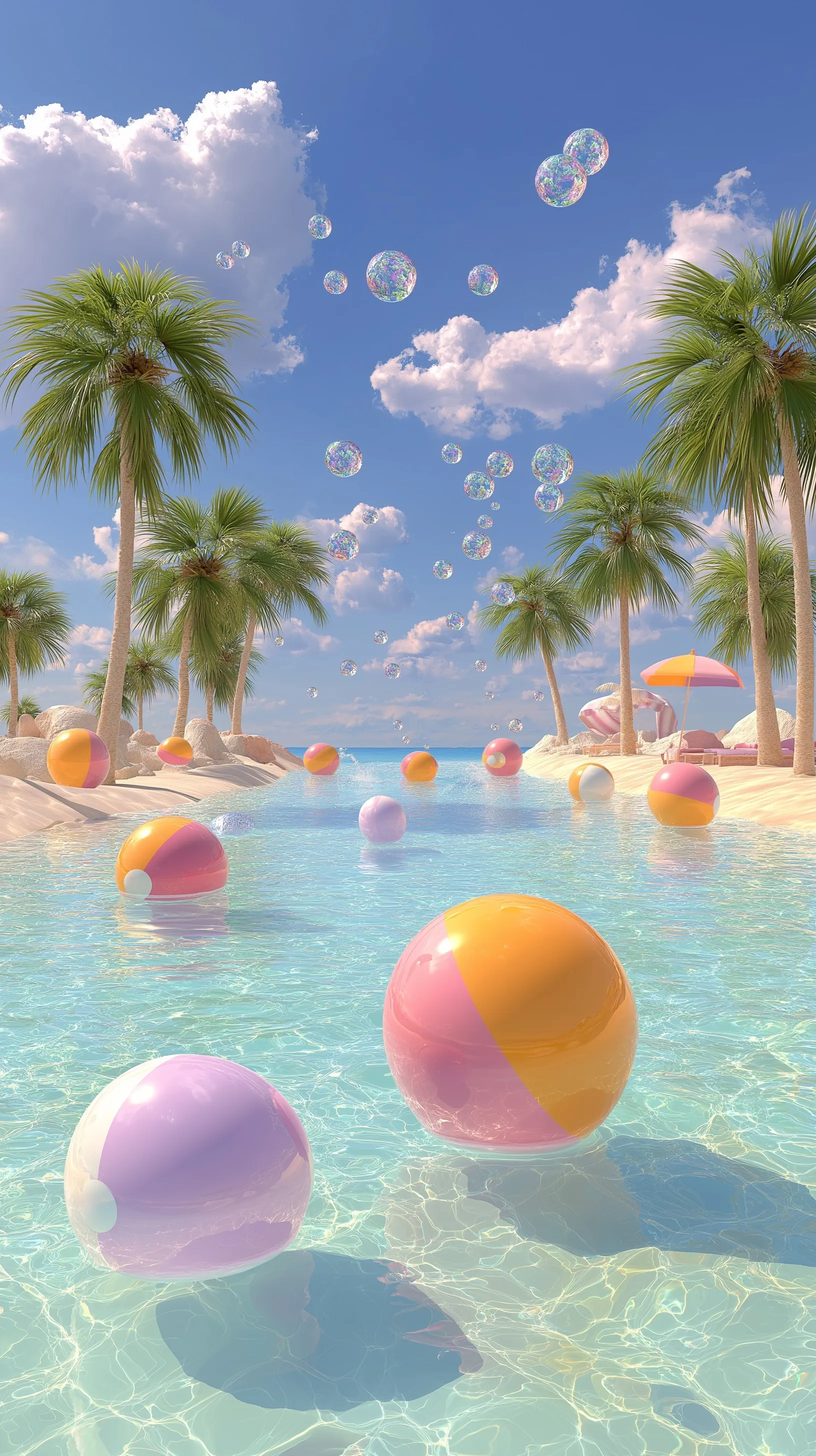 A 3D tropical pool party mobile wallpaper with colorful beach balls, floating bubbles, and palm trees under a blue sky.