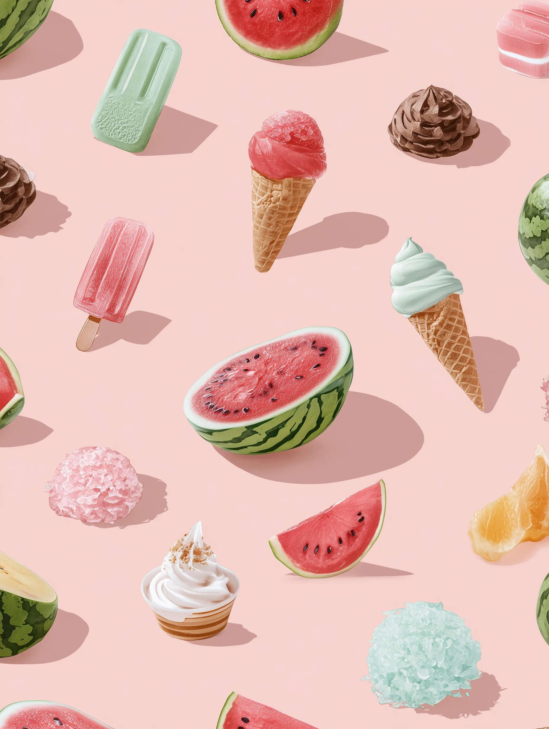 Cute summer dessert illustration with watermelon, ice cream, and shaved ice on a minimal pastel background.