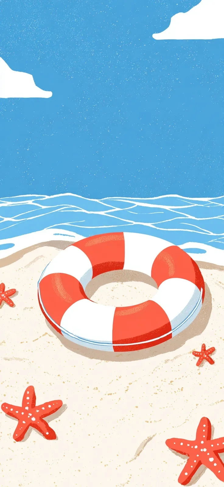 Minimalist beach mobile wallpaper with a cute cartoon swimming ring, starfish, and simple blue and white design.