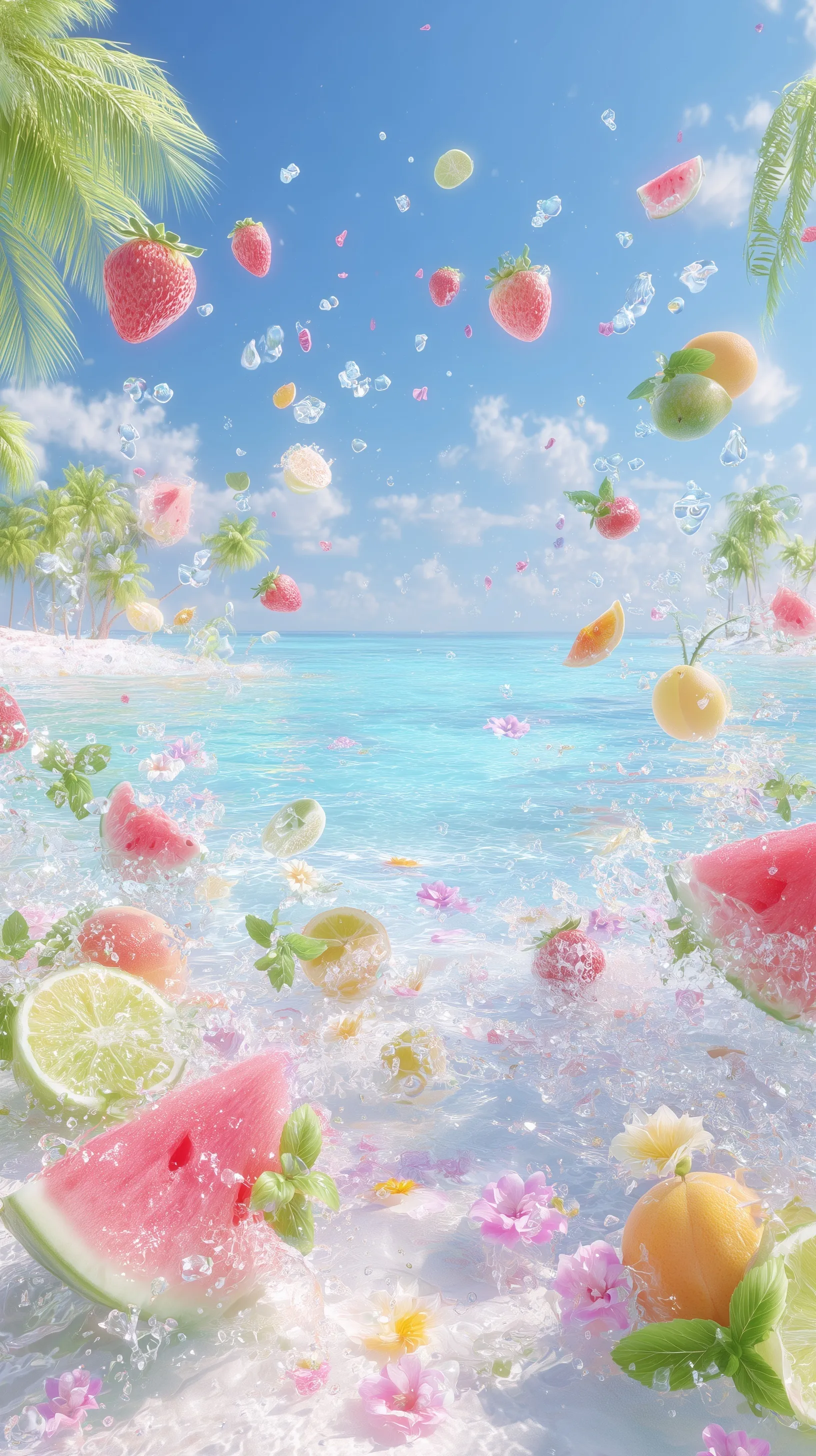 Realistic beach scene with fresh watermelon and mango under a clear blue summer sky for mobile wallpaper.