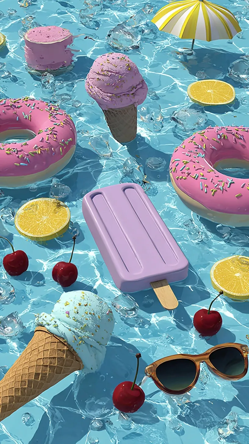 Dopamine-style summer mobile wallpaper featuring cute cartoon stickers like ice cream, sunglasses, and beach umbrellas.