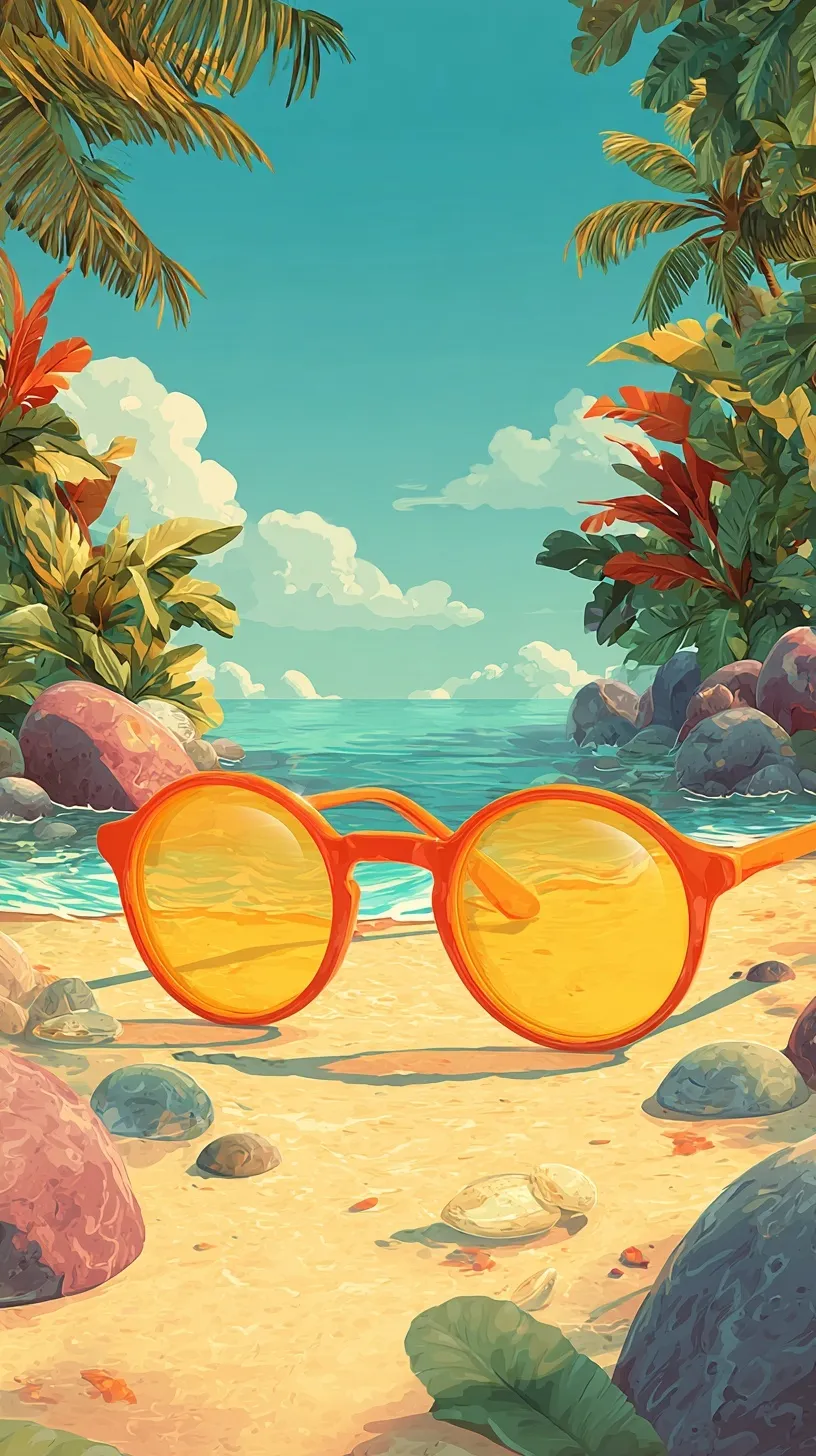 Cartoon summer mobile wallpaper featuring sunglasses reflecting a tropical beach, ocean, and palm trees.