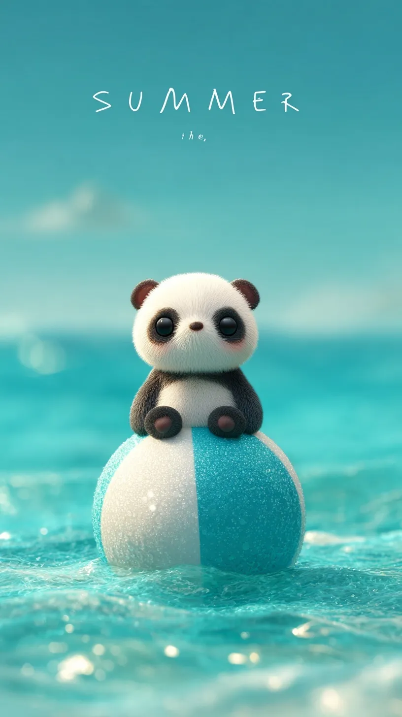 A cute chibi panda sitting on a beach ball in a calm turquoise sea with a glowing summer quote.