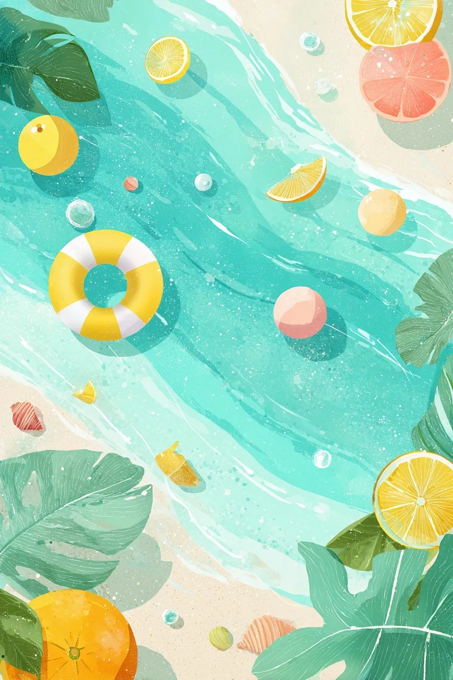 A cute summer mobile wallpaper featuring tropical leaves, citrus fruit, beach balls, and waves in a pastel palette.