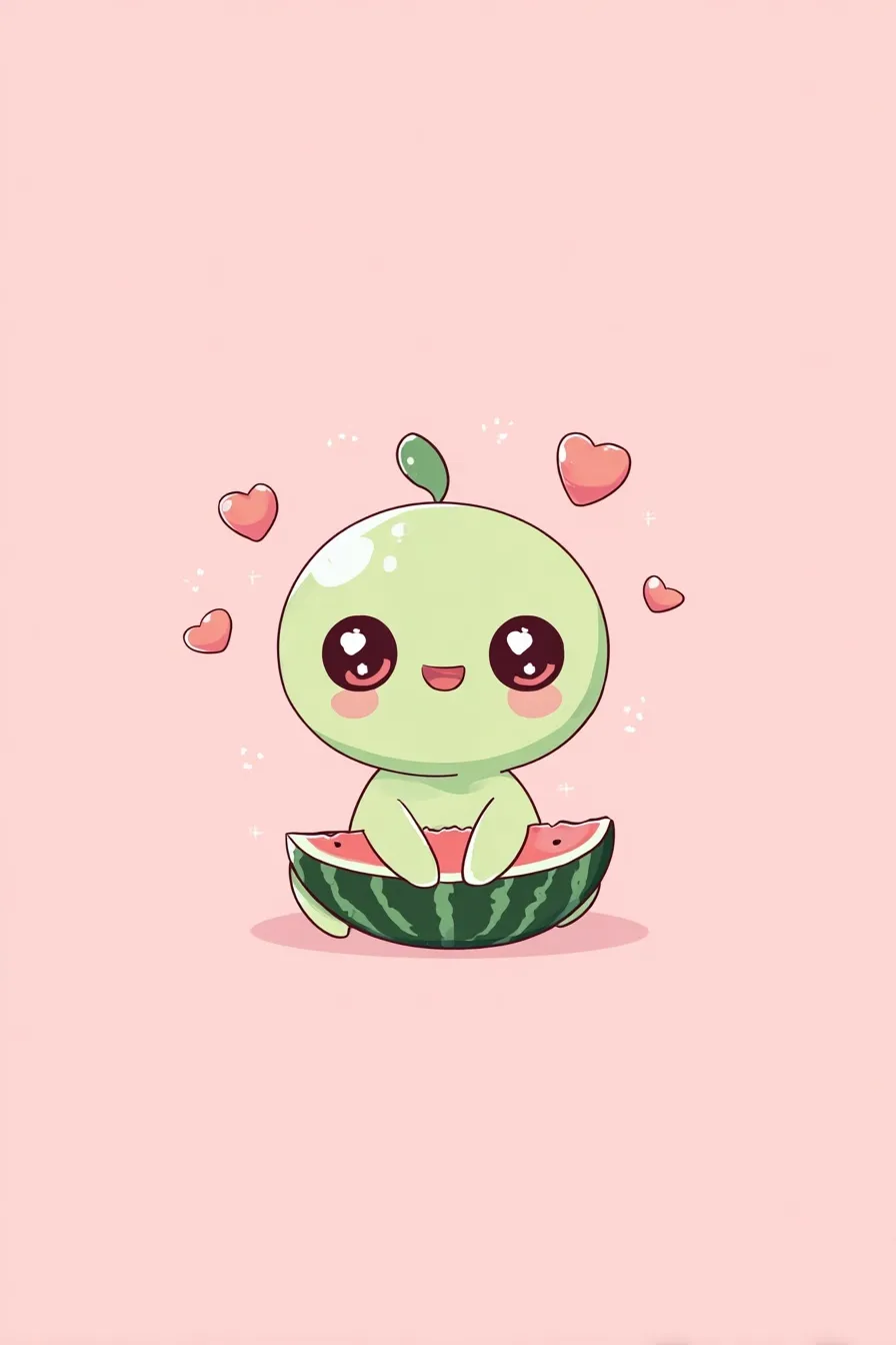 A cute, kawaii-style alien character with watermelon features, sitting and smiling with hearts on a pastel background.