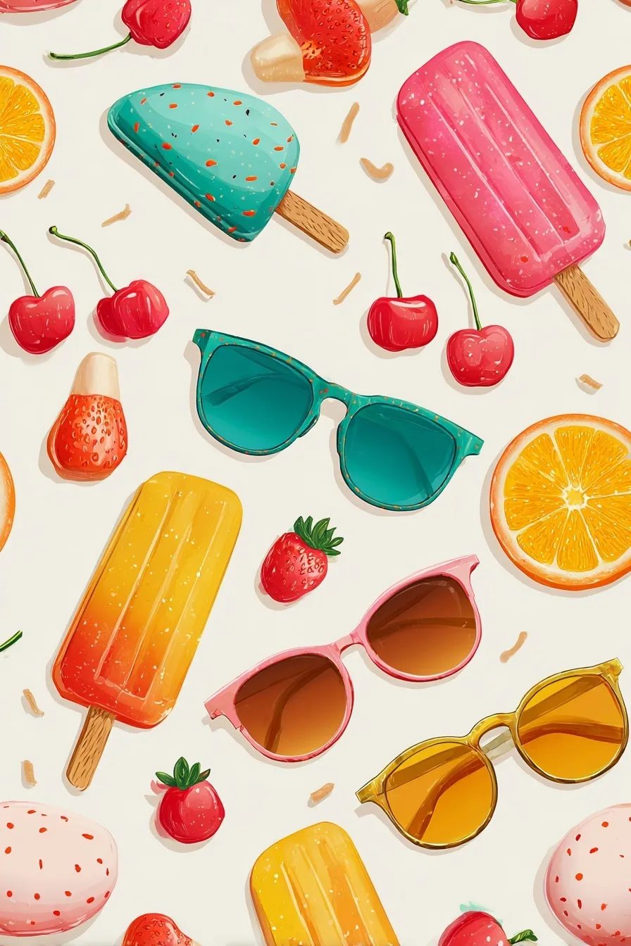 Cute summer mobile wallpaper with colorful ice lollies and sunglasses on a clean white background.