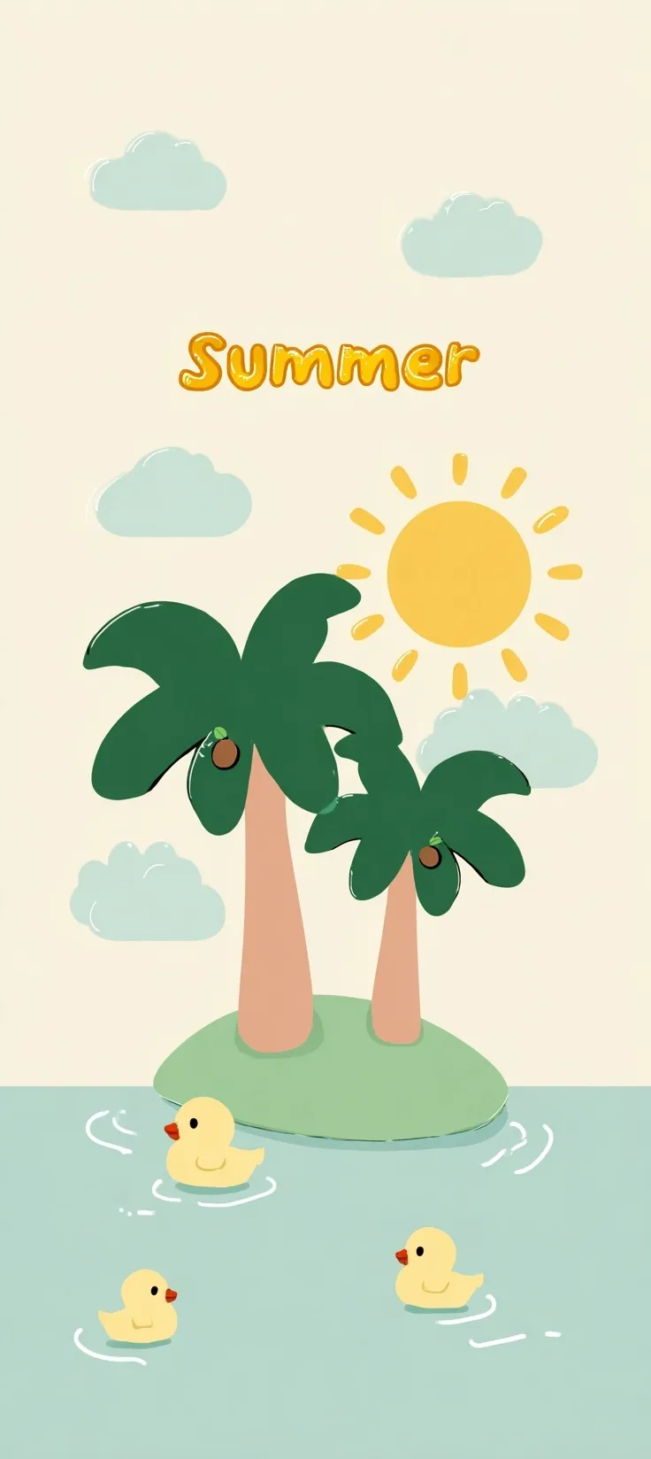 Kawaii summer mobile wallpaper featuring cute palm trees, baby ducks, and sunshine in a pastel digital art style.