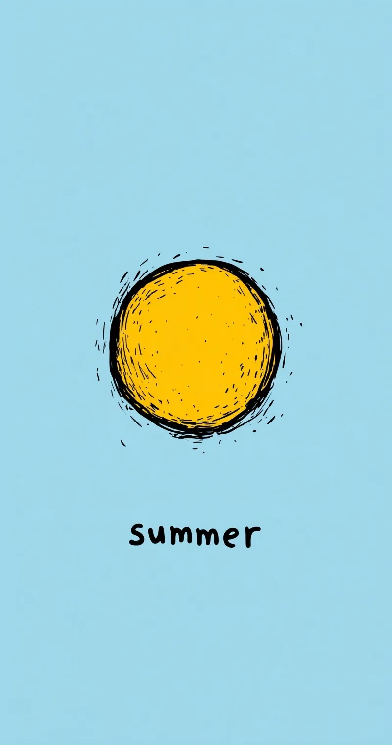 A simple hand-drawn yellow sun illustration on a light blue background with the word summer in black ink.
