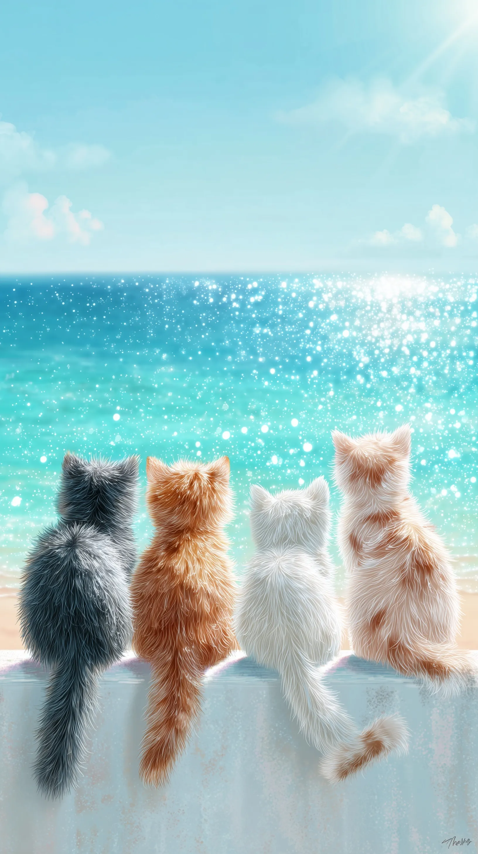Five cute cats sitting on a ledge overlooking a sparkling turquoise ocean under a clear blue summer sky.