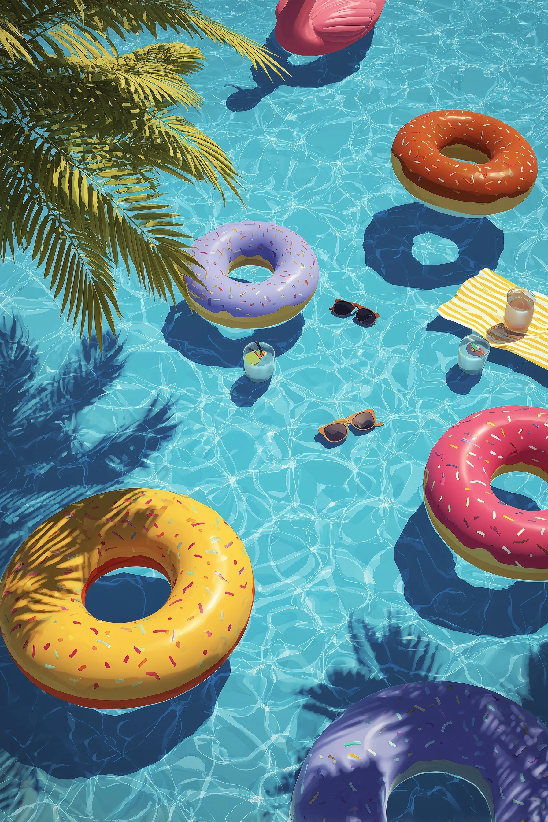 Vibrant summer pool party graphic with flamingo and donut inflatables, palm shadows, and copy space for text.
