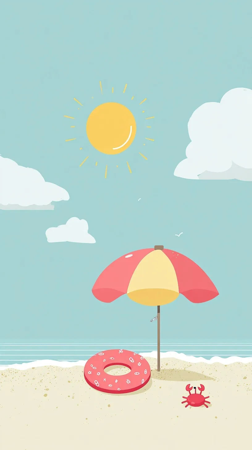 Cute flat vector beach scene with a colorful swimming ring, crab, and umbrella against a bright blue summer sky.