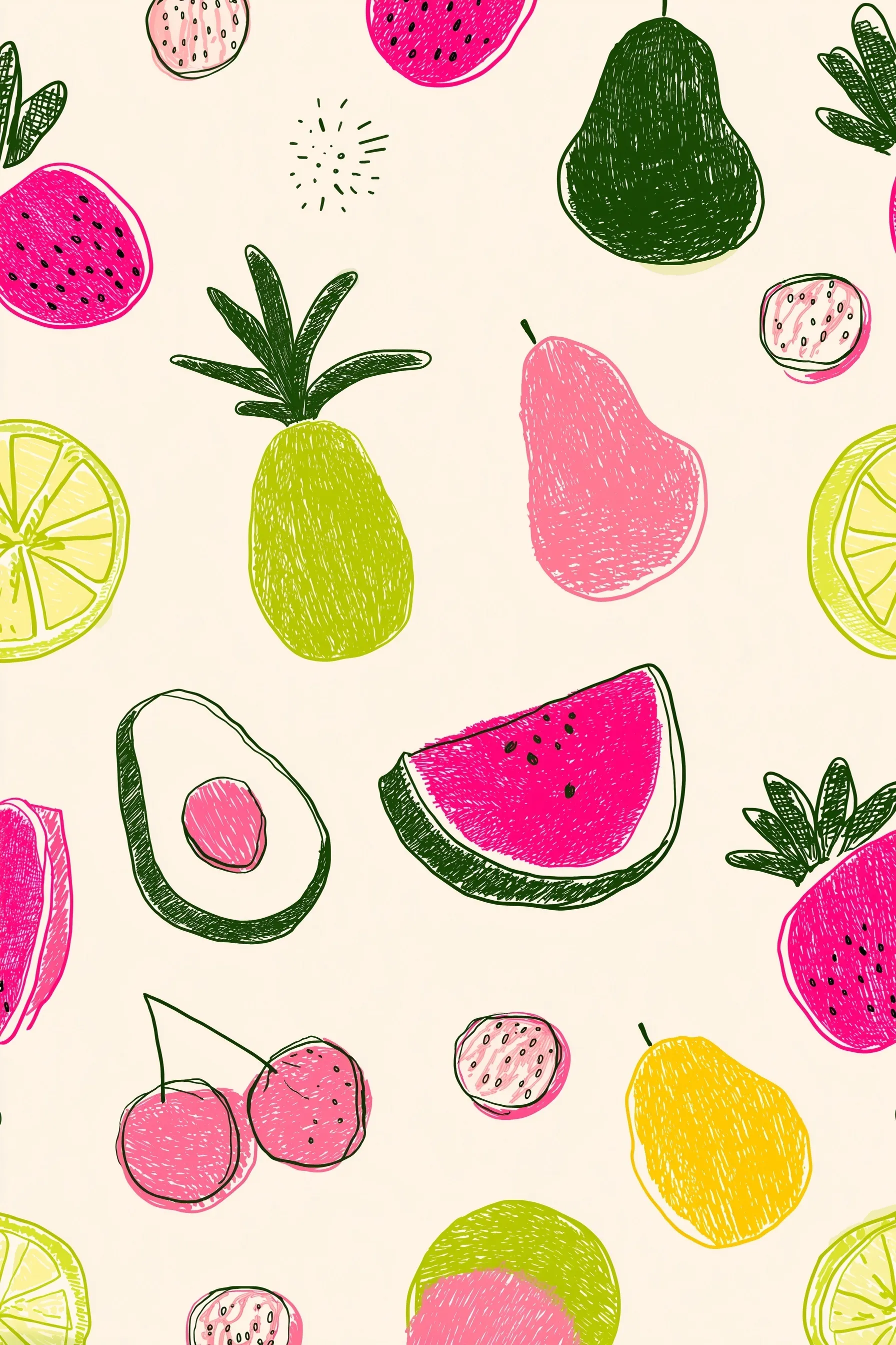 Cute summer mobile wallpaper with minimalist hand-drawn fruit doodles in soft pastel colors on white.