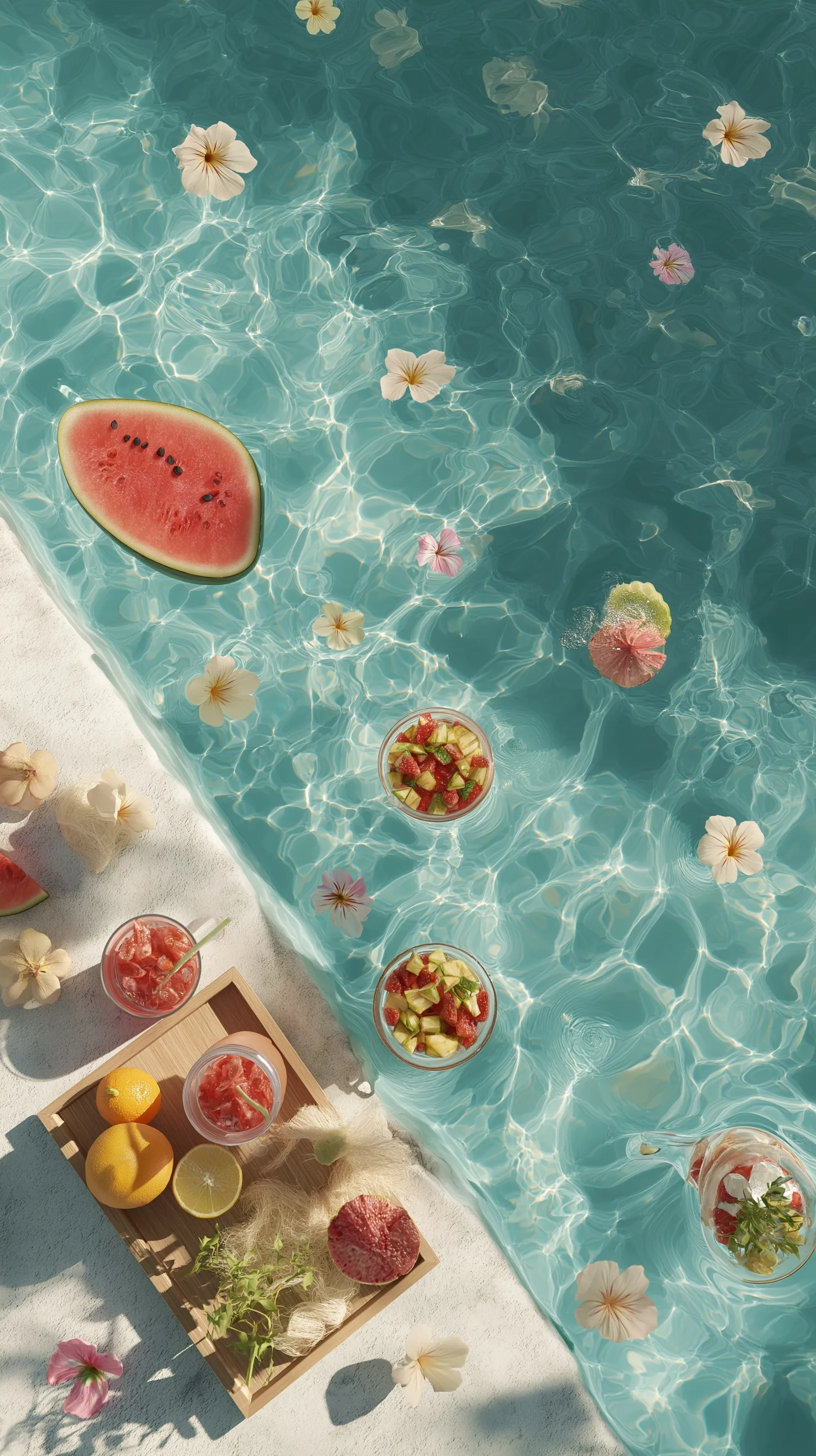 A bright infinity pool filled with floating watermelon, tropical fruit, and flower petals under sunlight.