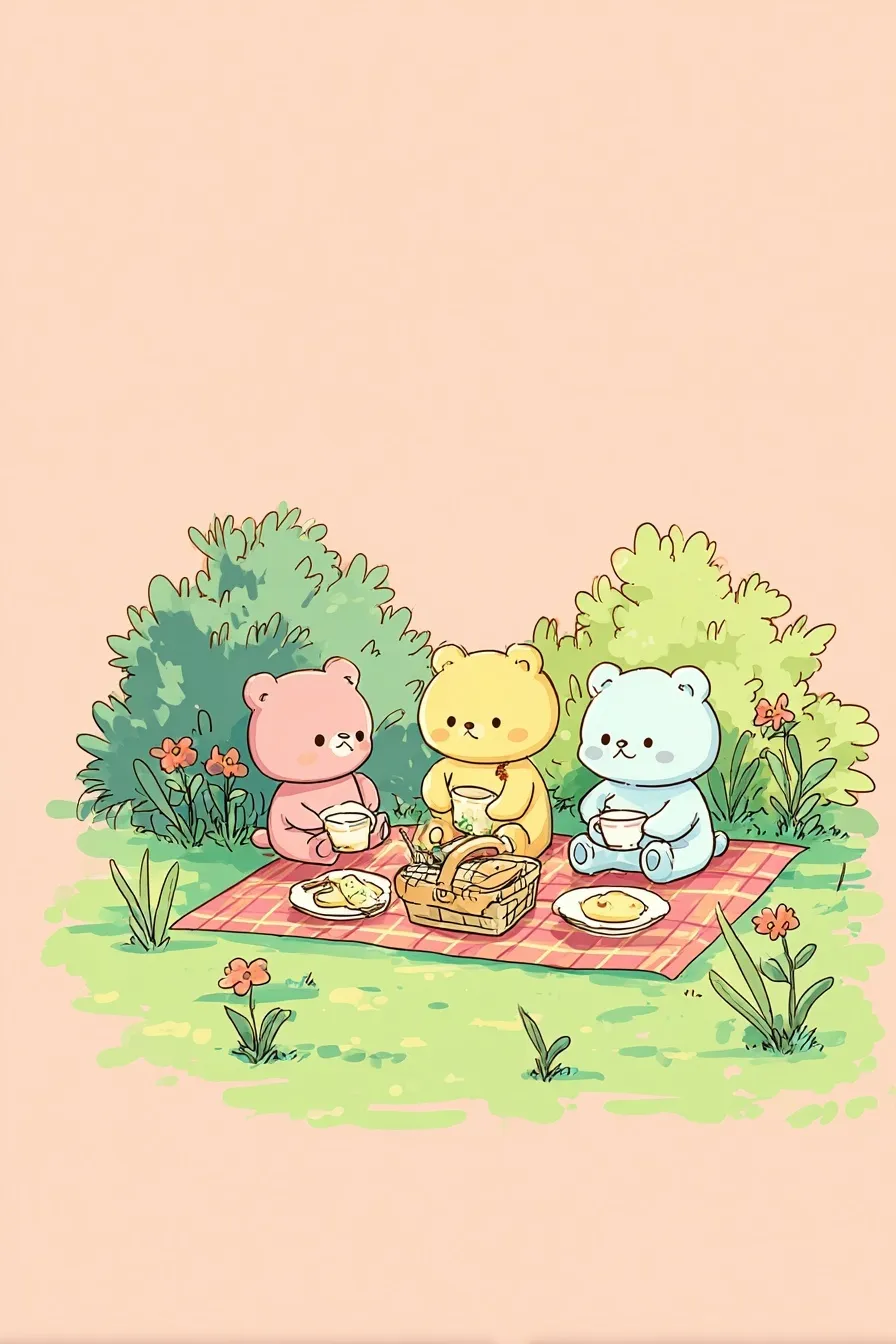 Cute cartoon animal characters having a picnic on green grass, flat 2D Korean style illustration in pastel colors.