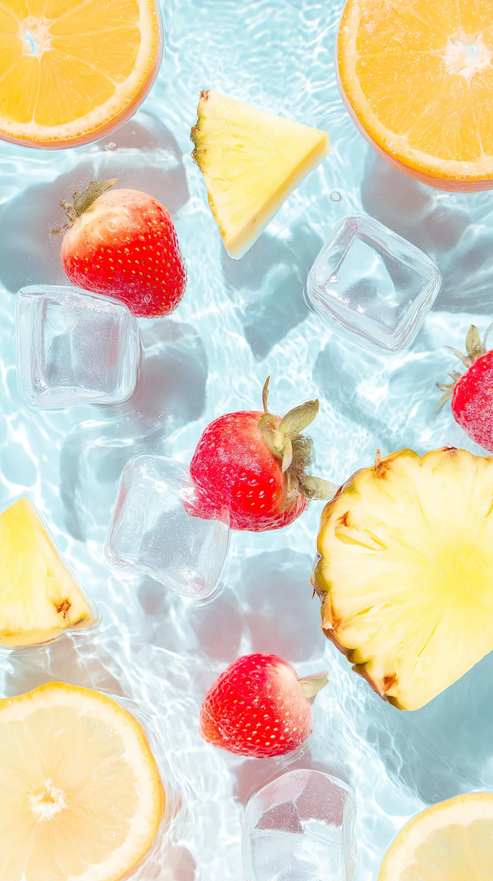 Vibrant summer fruit flat-lay with floating strawberry, pineapple, and citrus slices in water on pastel blue.