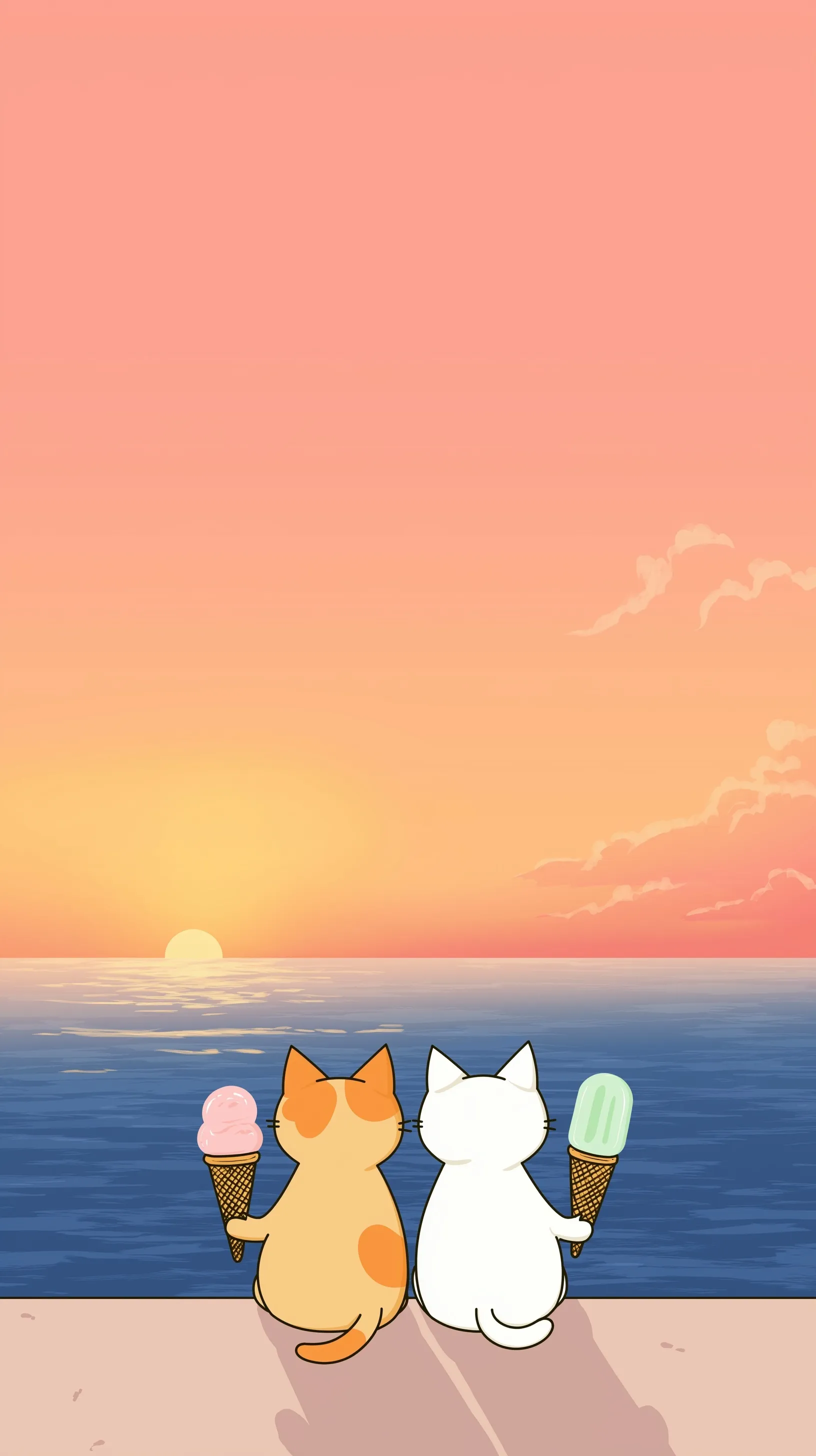 Two cute cartoon cats holding ice cream at a beach sunset, funny summer mobile wallpaper style.