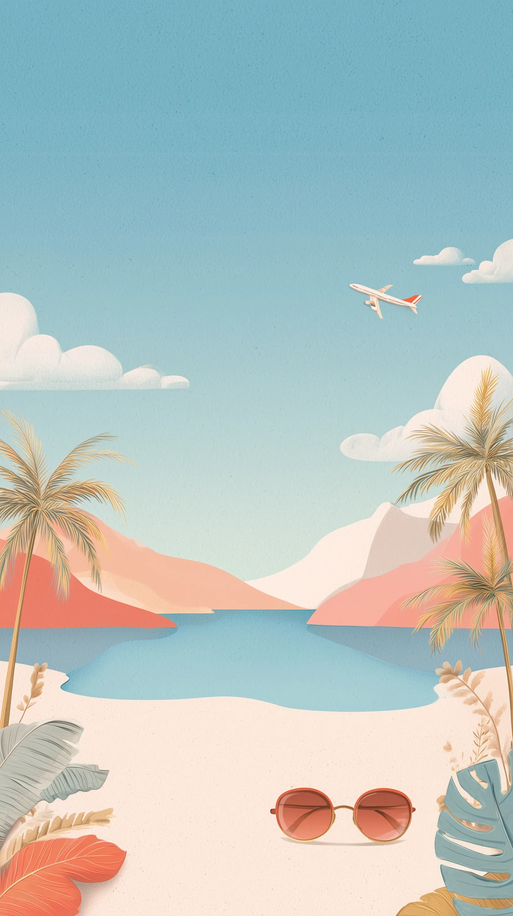 Minimalist summer travel illustration with palm trees, desert mountains, and sea waves in a pastel mobile frame.