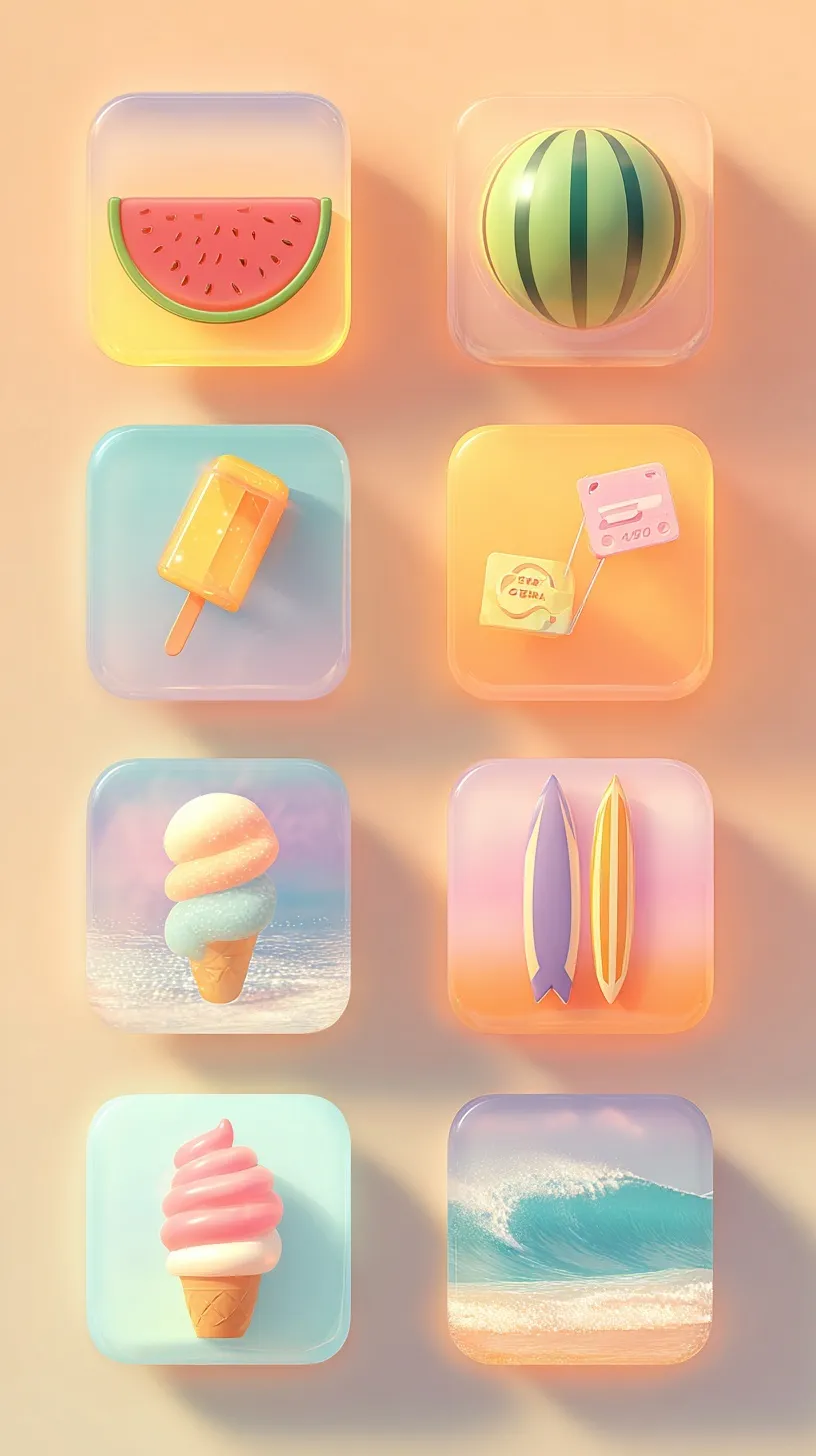 3D kawaii summer icons with watermelon, ice cream, and surfboards in a minimal grid layout on a dreamy gradient.