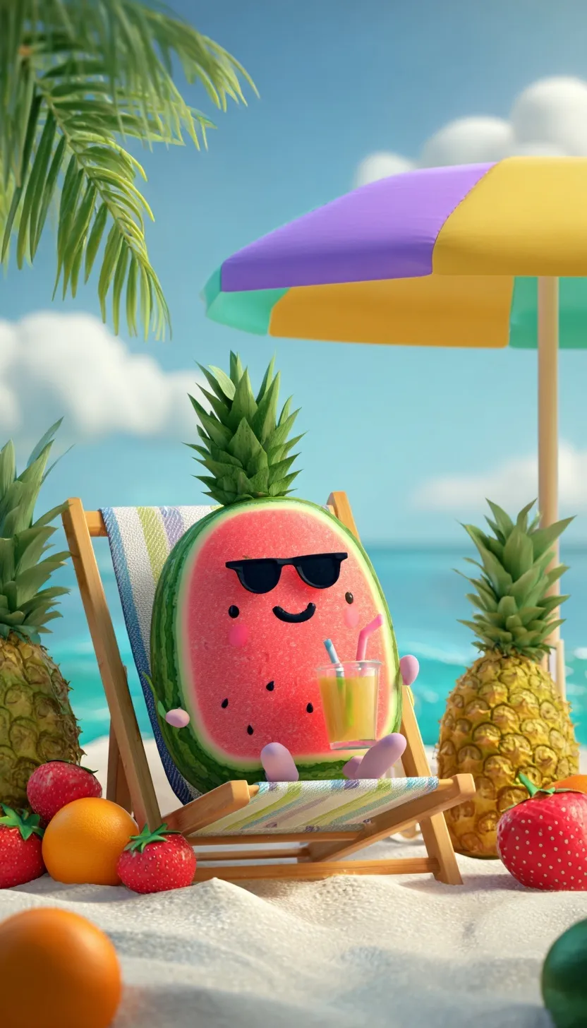 A cute 3D watermelon character wearing sunglasses on a beach chair with tropical fruits and a sunny ocean backdrop.